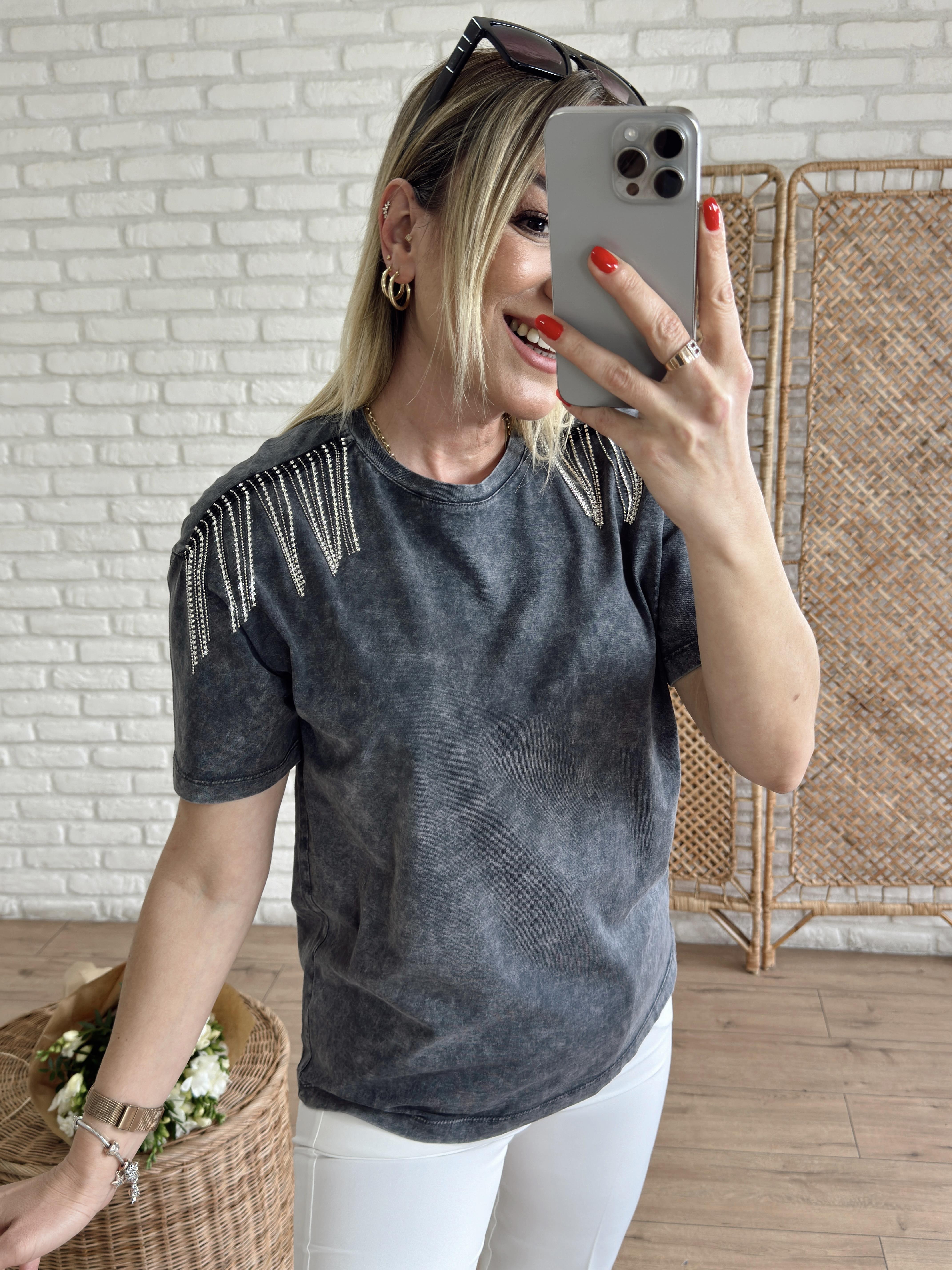 Bisiklet Yaka Omuz Aksesuarlı Tshirt ANTRASİT