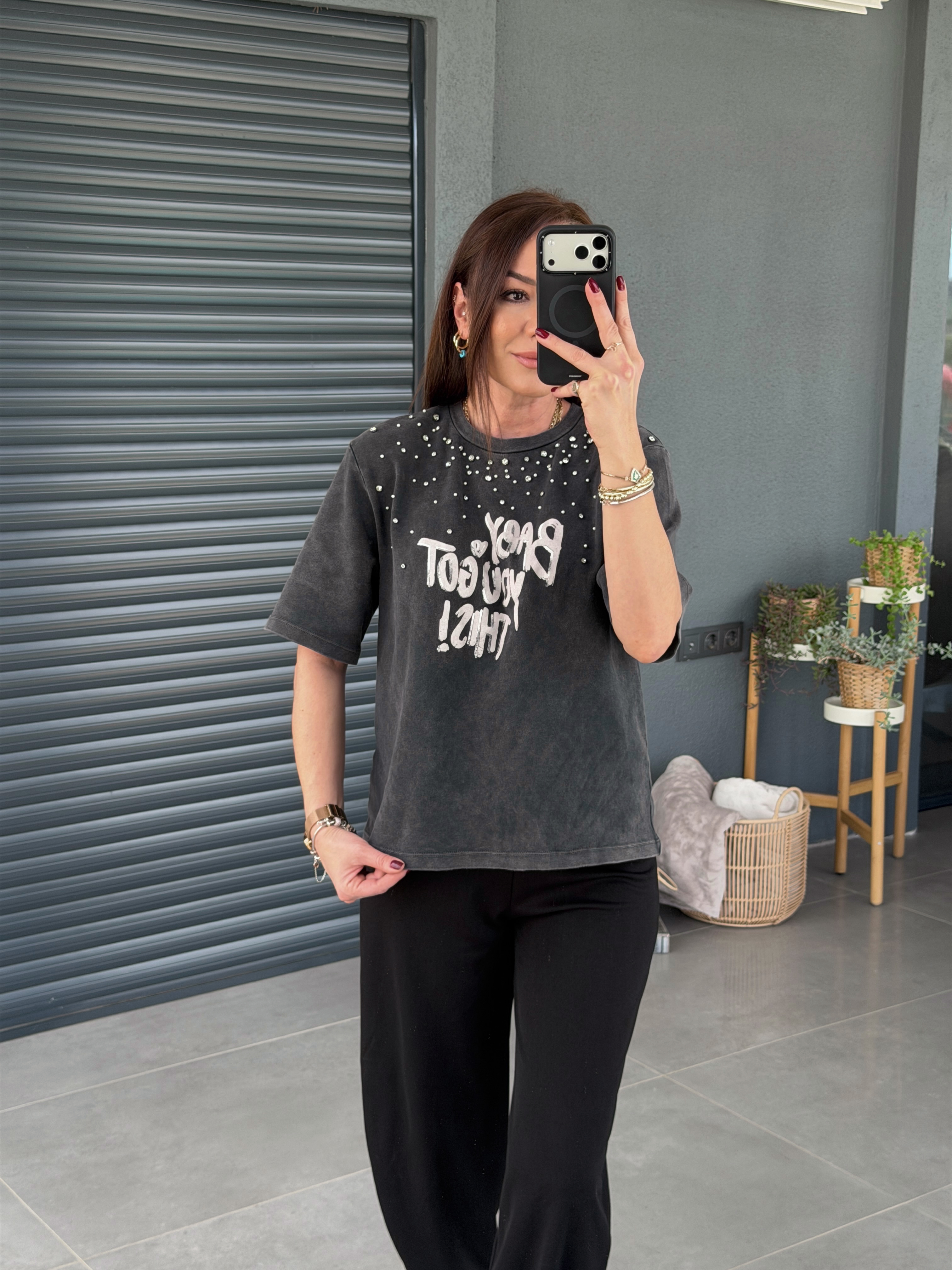 Boyamalı Taşlı Tshirt ANTRASİT