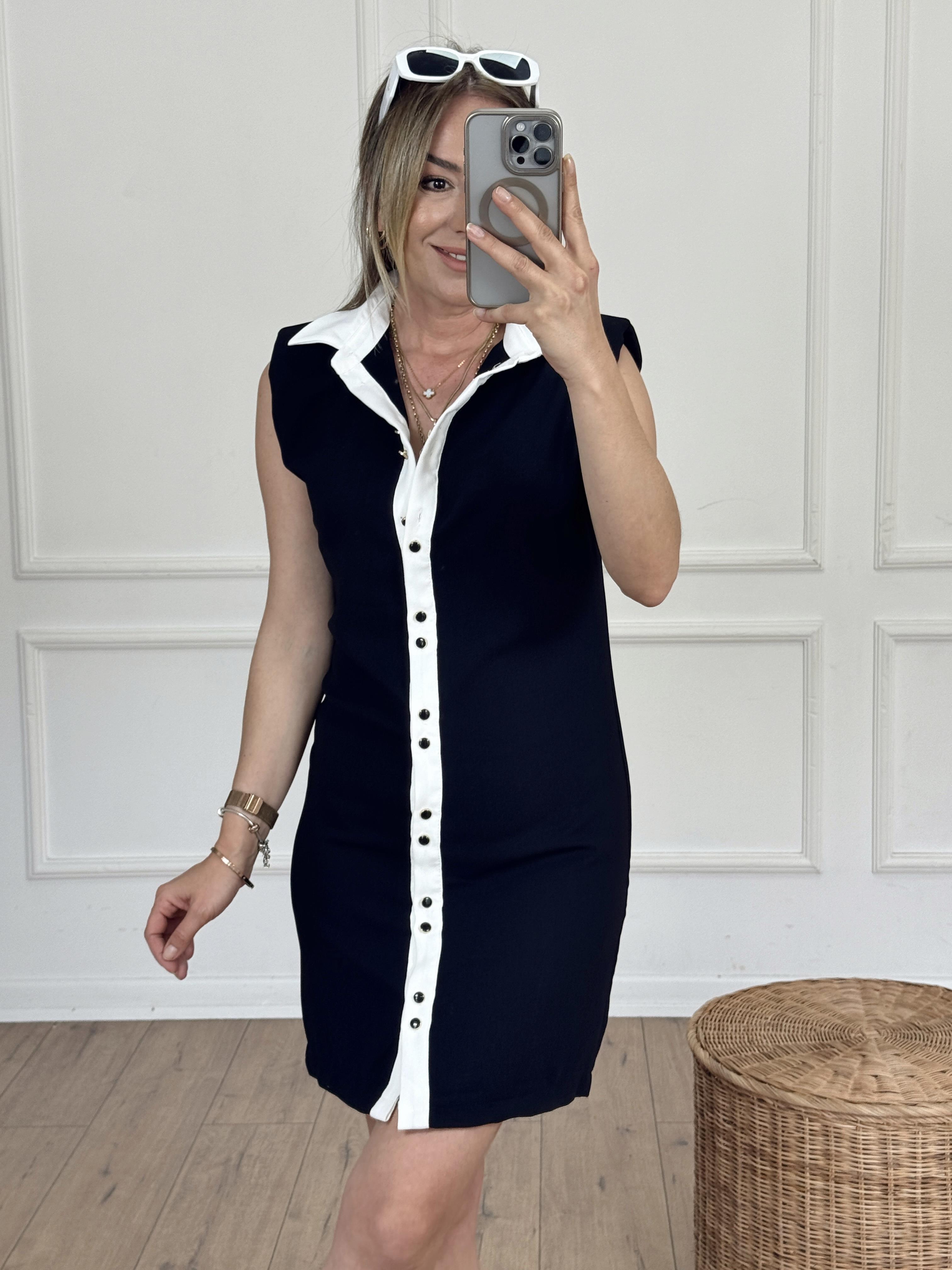 Boydan Düğmeli Garnili Elbise SİYAH BEYAZ