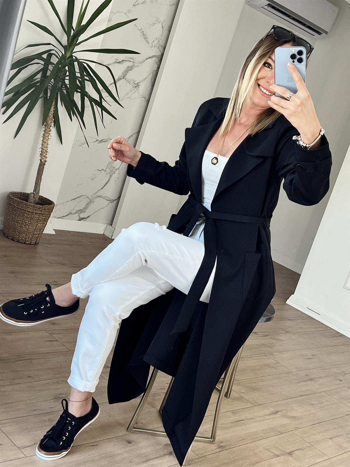 Cepli Kuşaklı Trençkot SİYAH