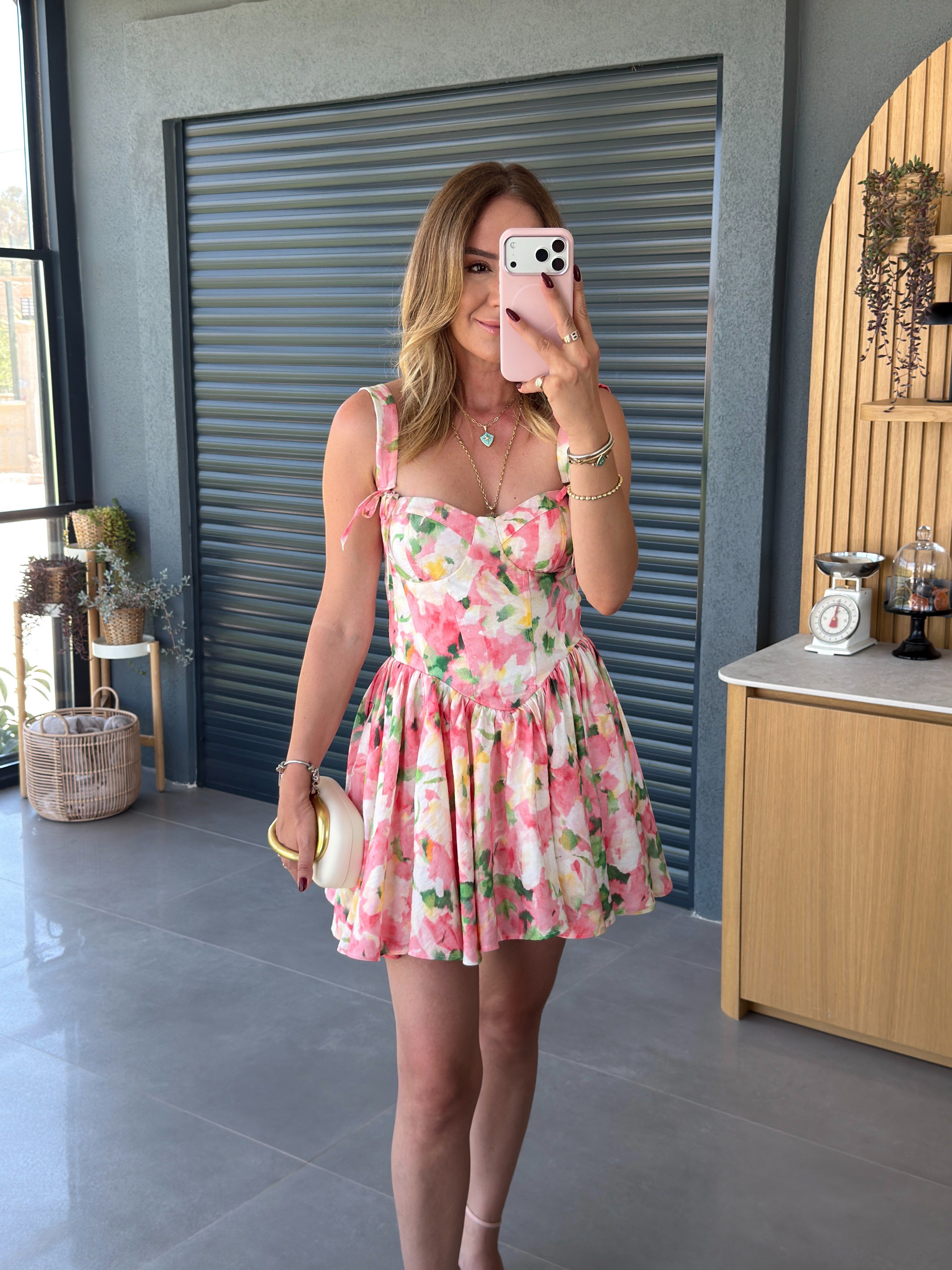 Çiçek Desenli Bağlama Detaylı Mini Elbise PEMBE