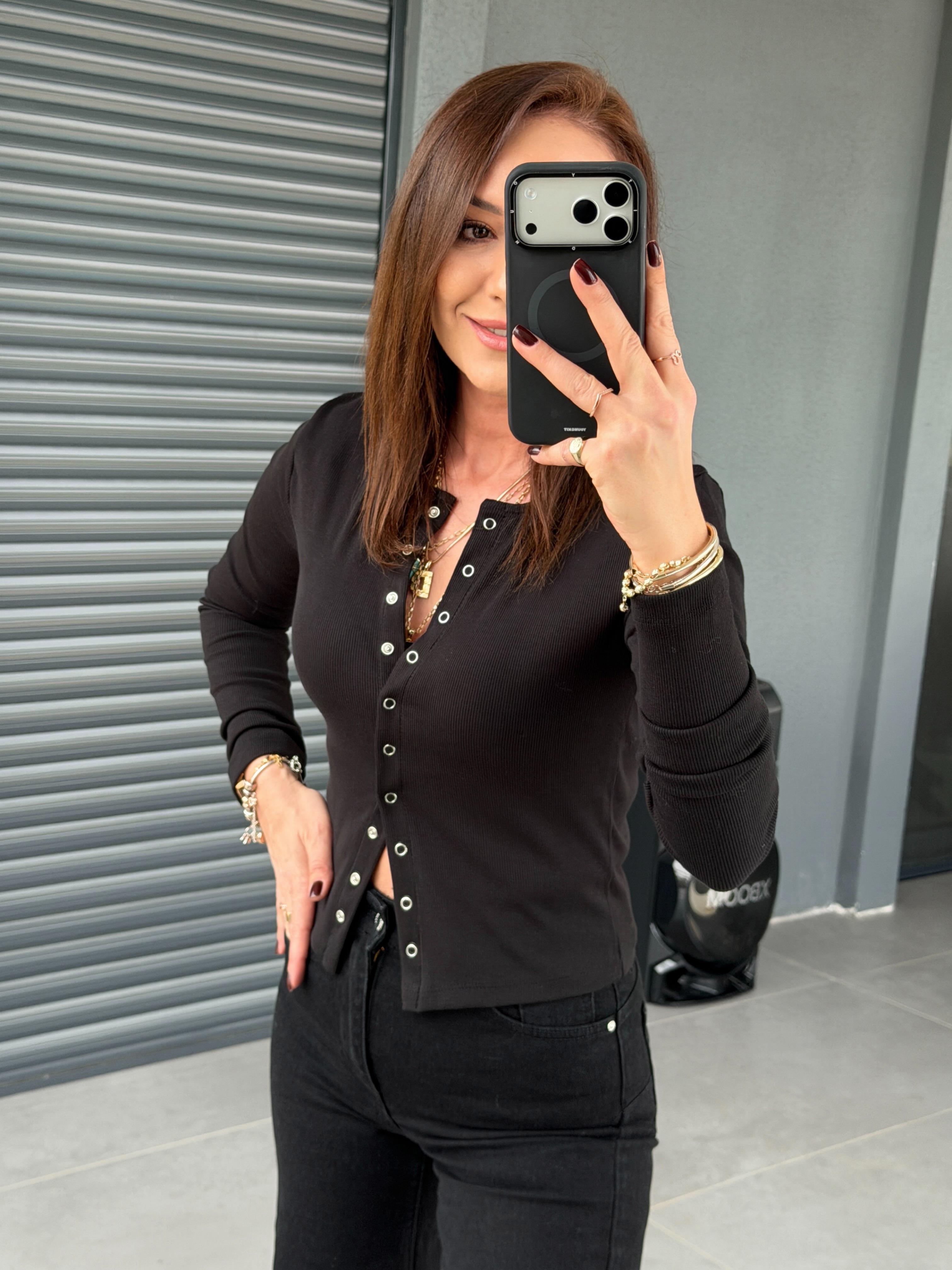 Çıtçıtlı Fitilli Bluz SİYAH