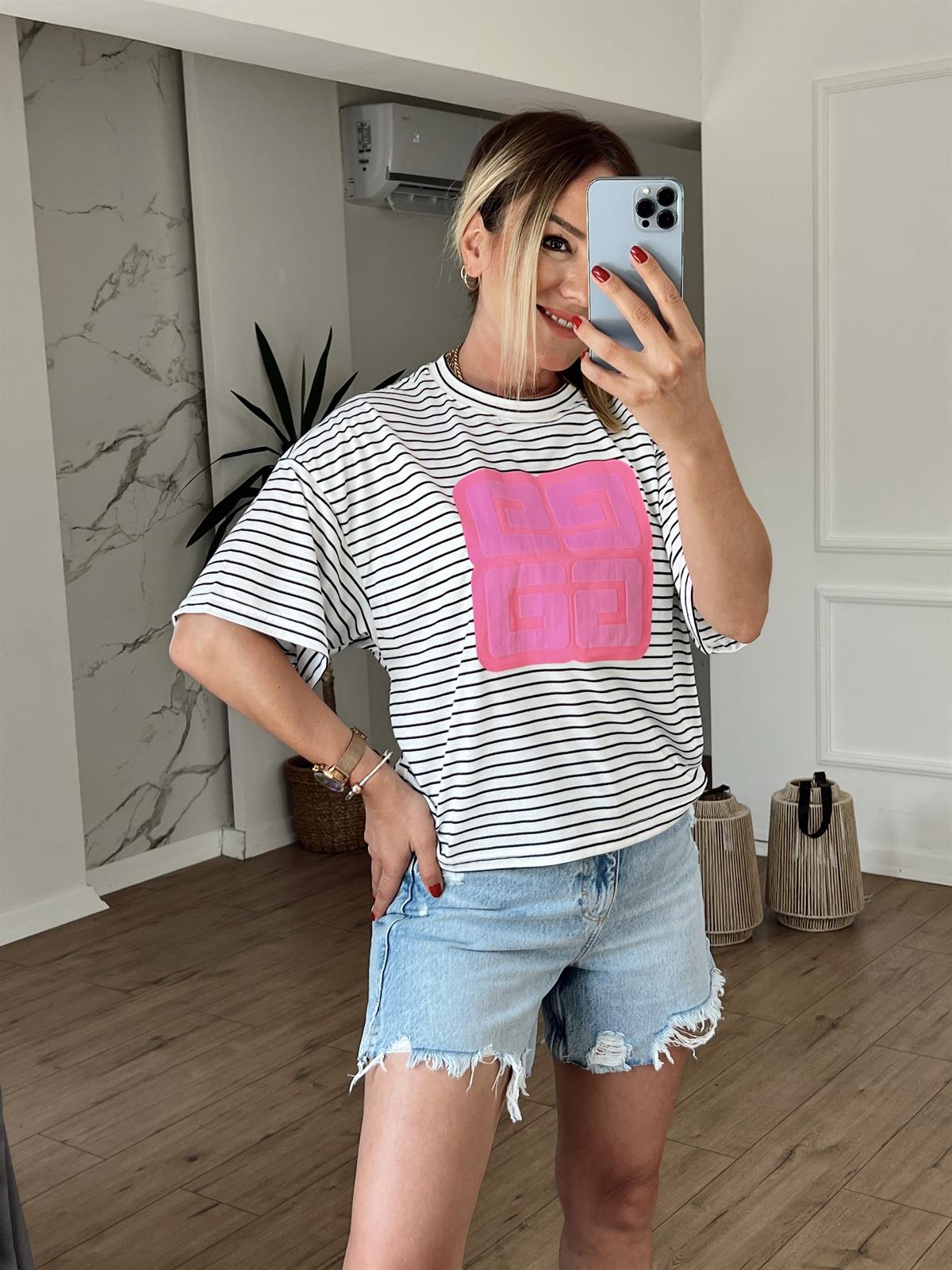 Çizgili Ön Baskılı Tshirt BEYAZ