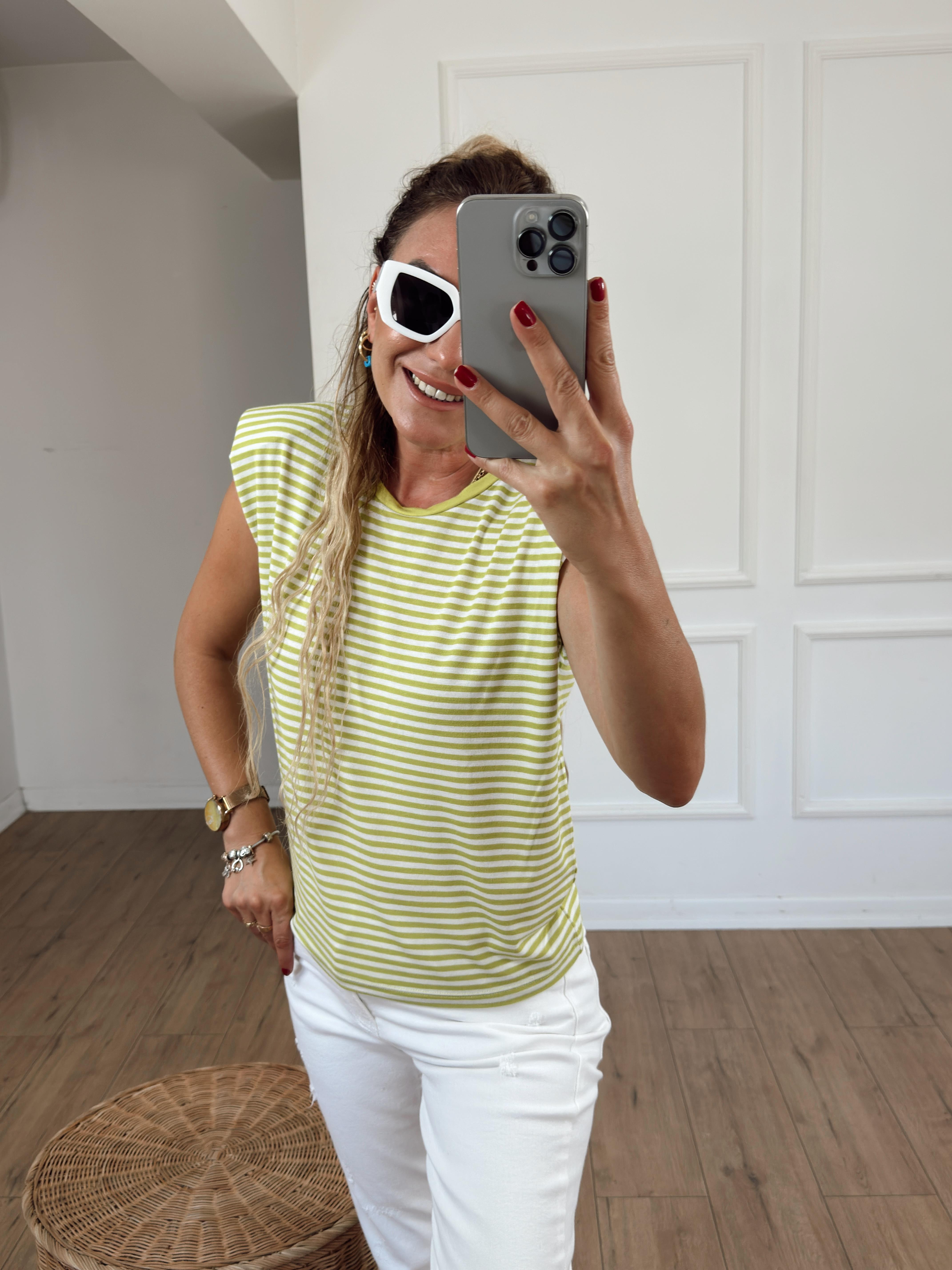 Çizgili Vatkalı Tshirt NEON YEŞİL