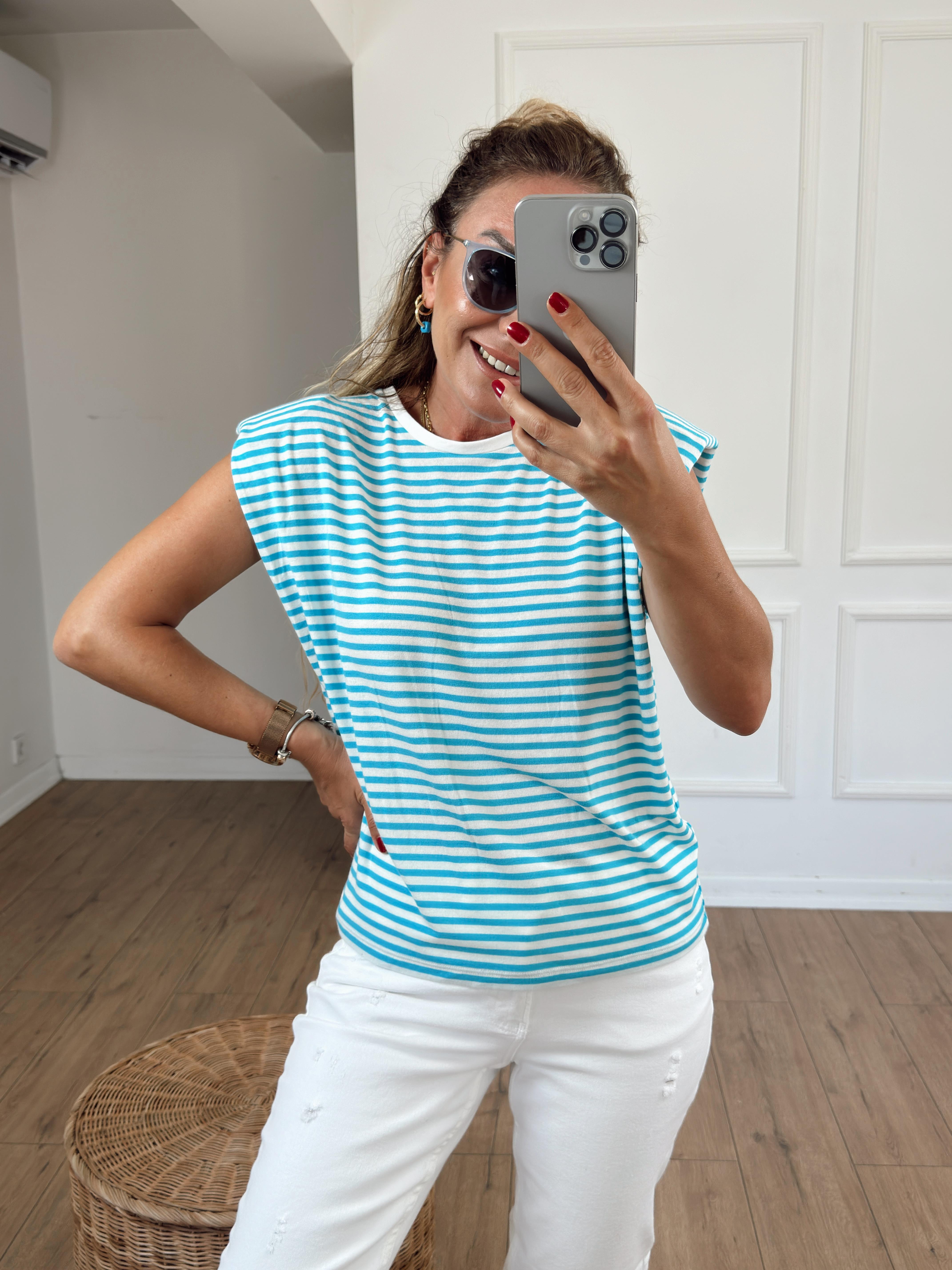 Çizgili Vatkalı Tshirt TURKUAZ