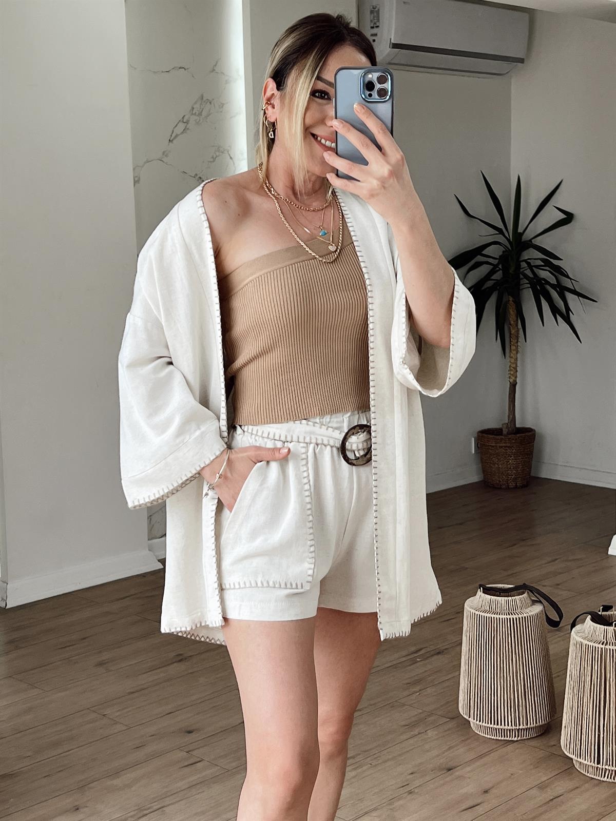 Çoban Dikiş Detaylı Kimono BEJ