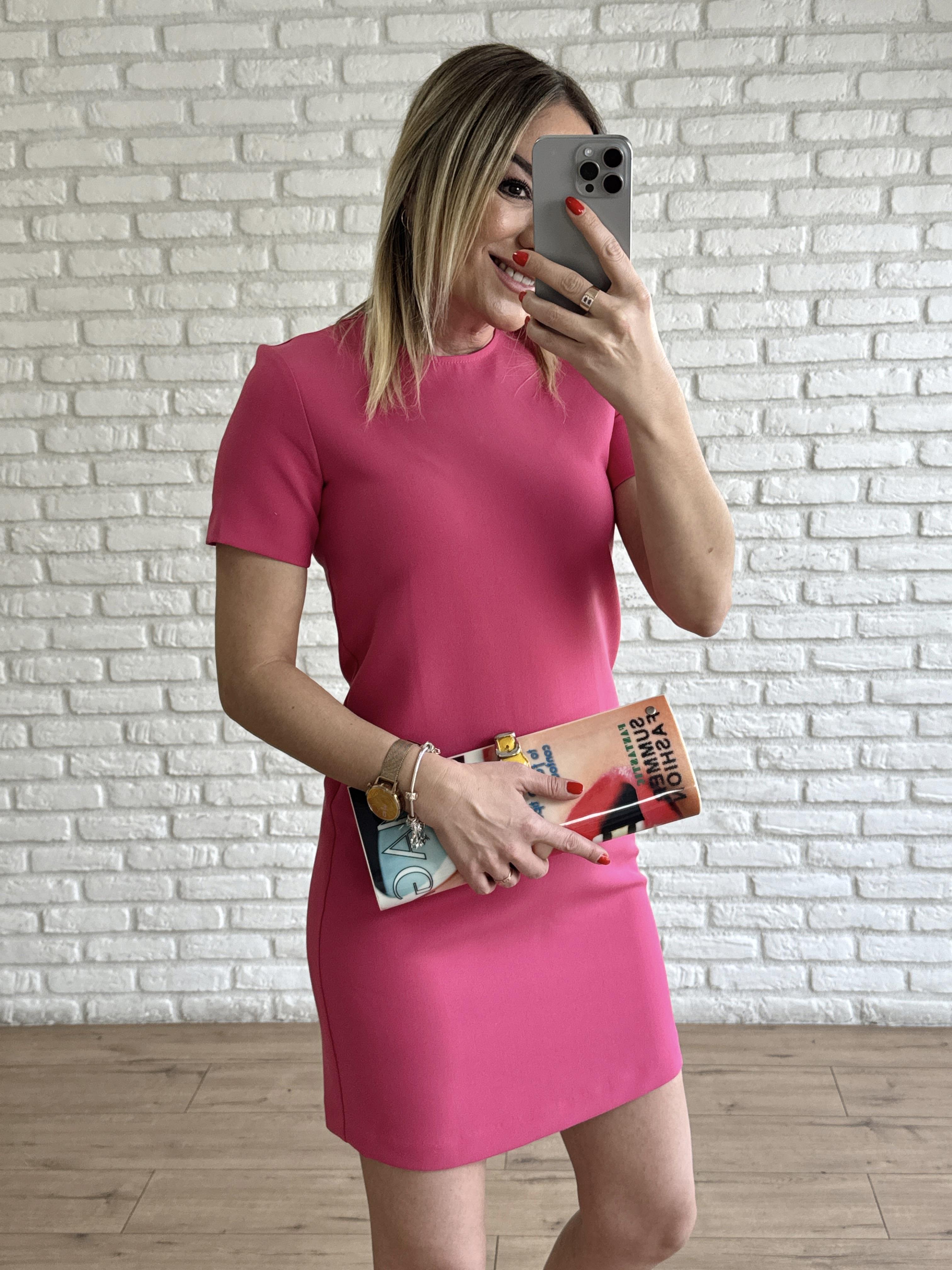 Dabıl Kumaş Bisiklet Yaka Kısa Kol Elbise FUSYA