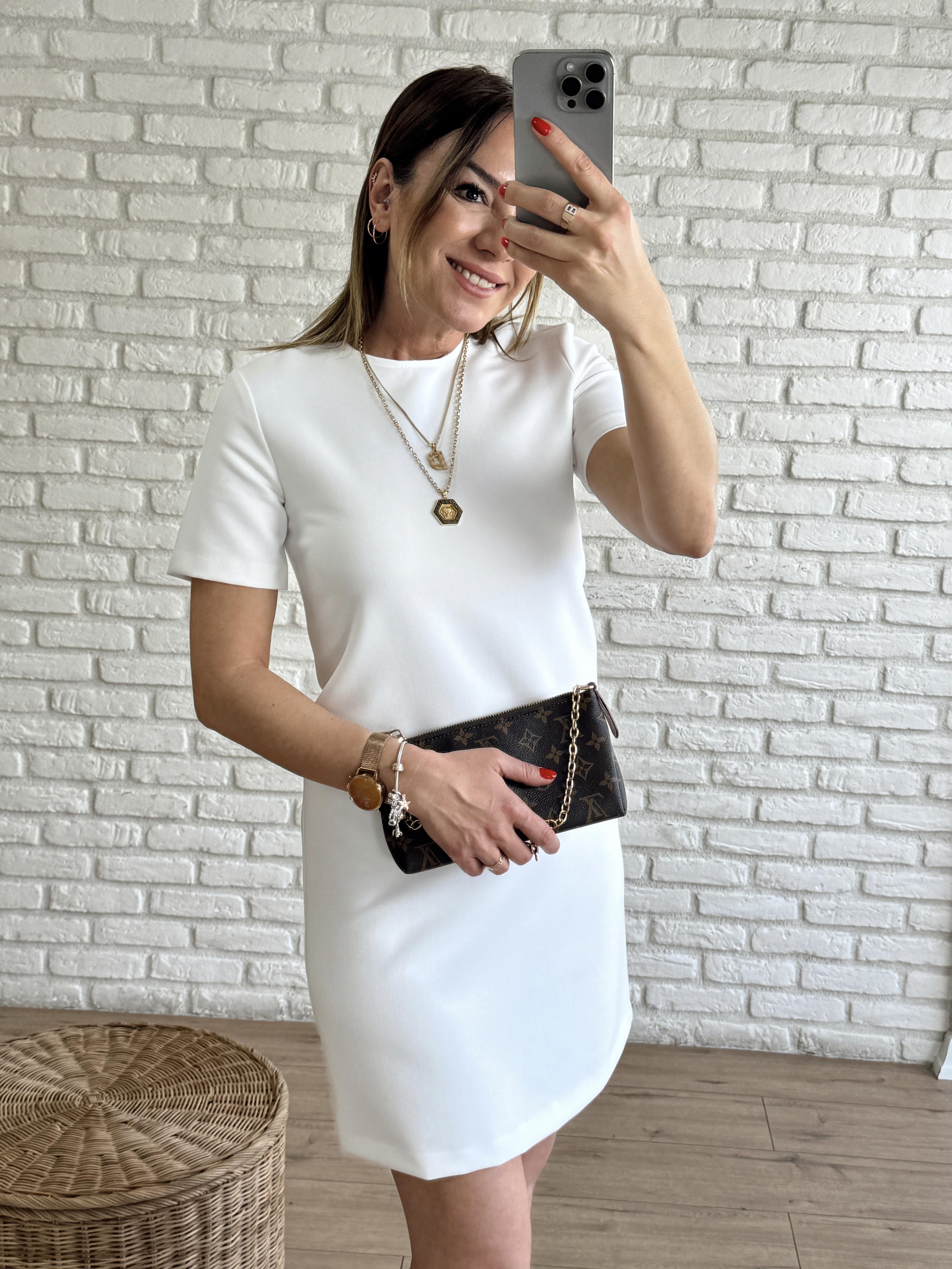 Dabıl Kumaş Bisiklet Yaka Kısa Kol Elbise BEYAZ