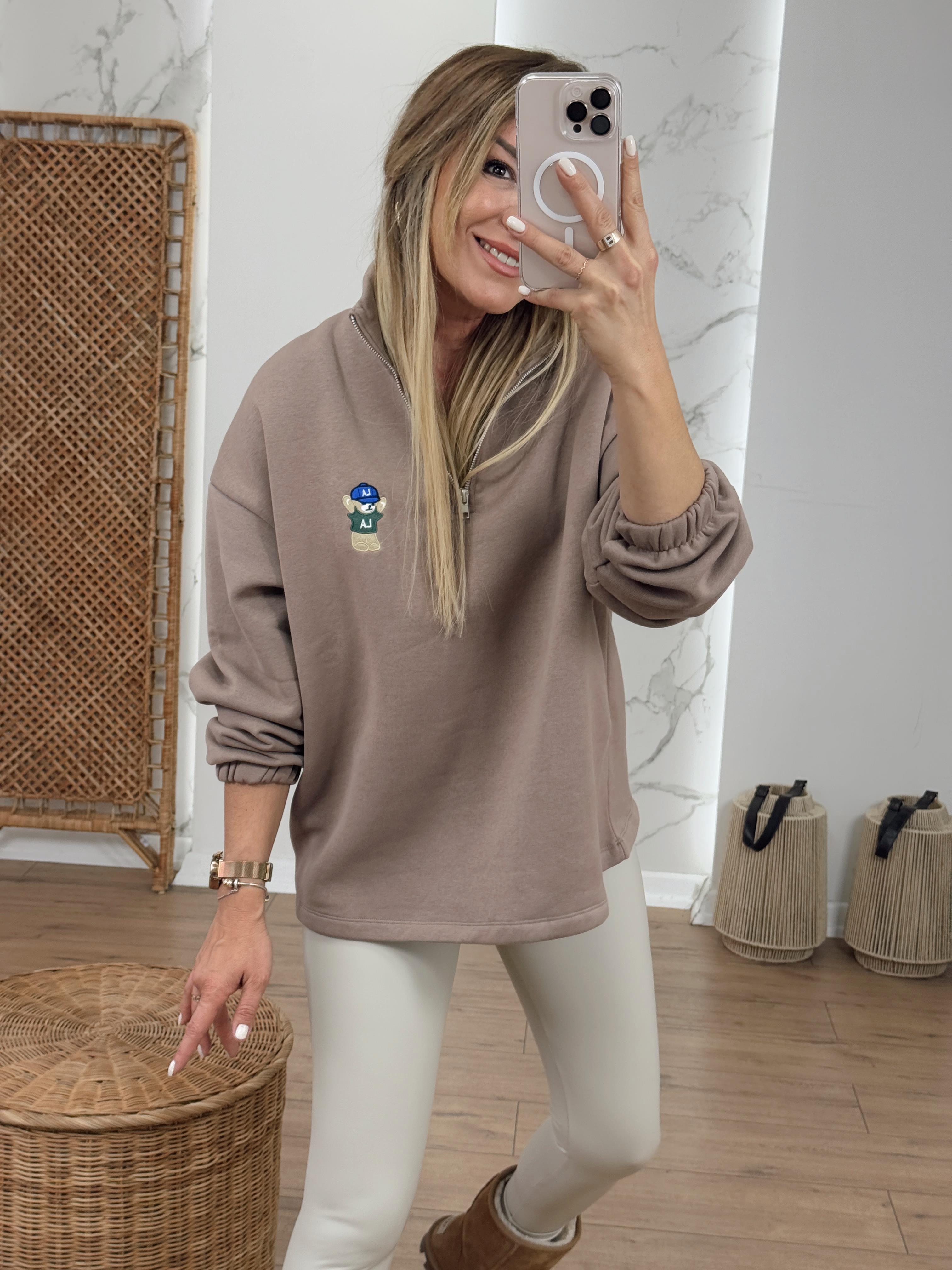 Dik Yaka Fermuarlı Teddy Nakışlı Sweat KAHVE
