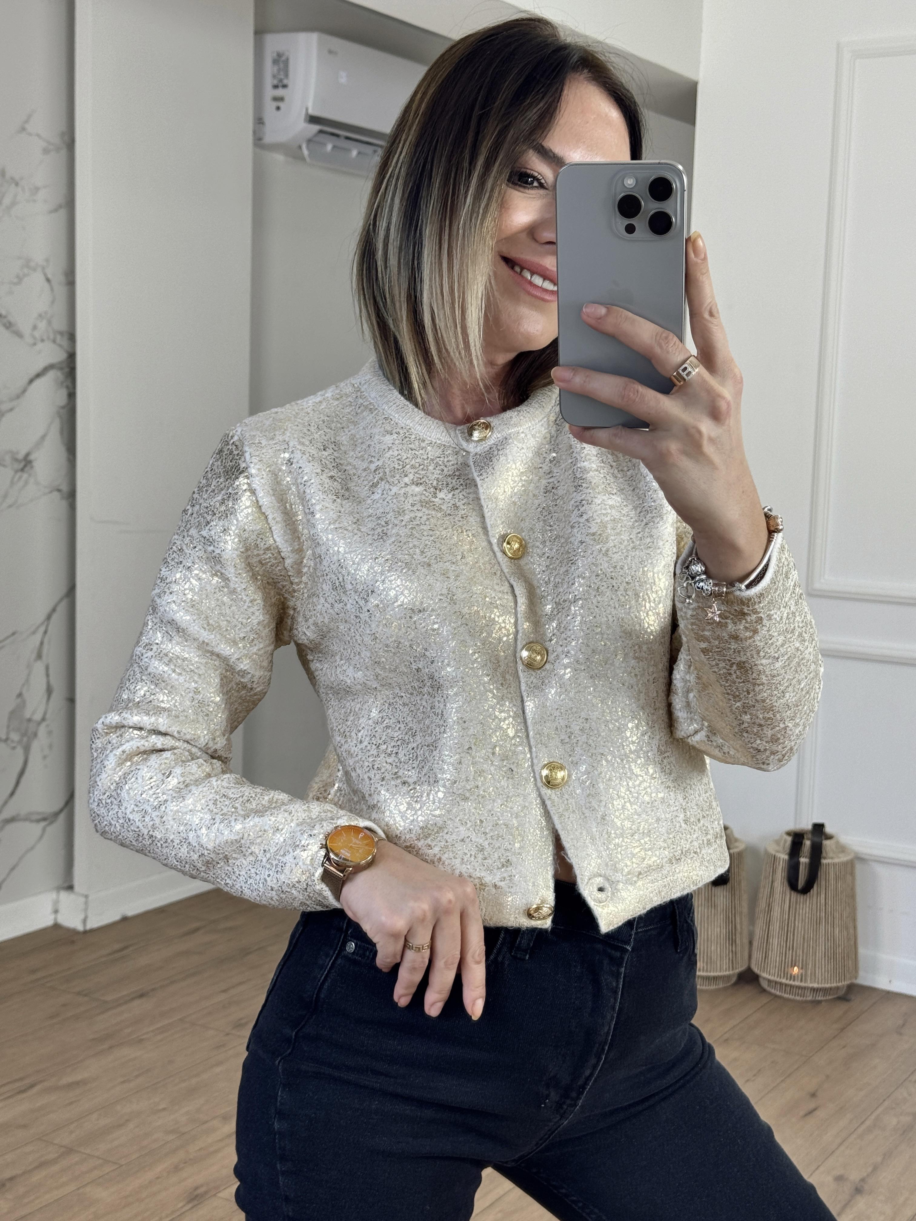 Düğmeli Varaklı Hırka GOLD