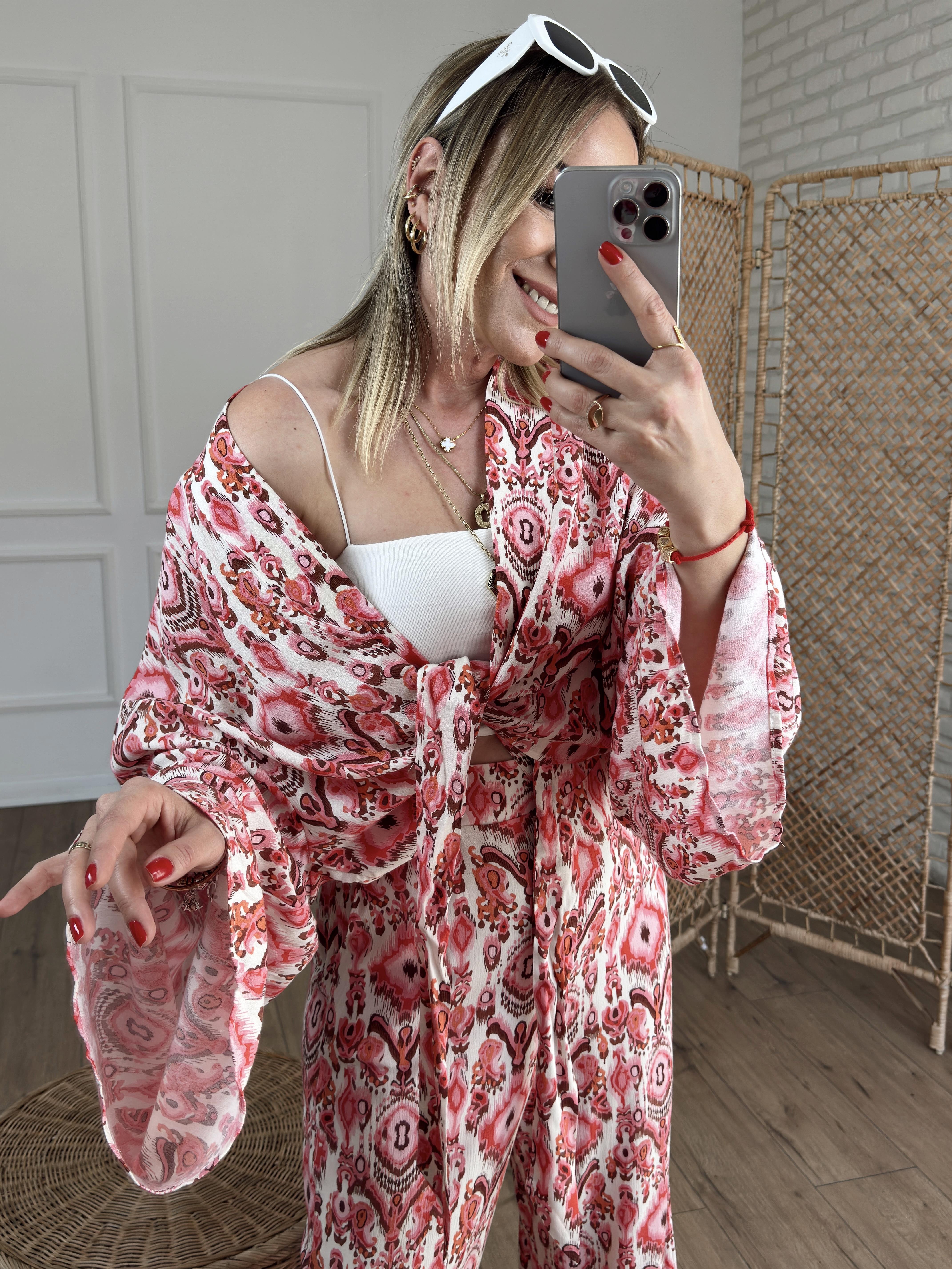 Etnik Desenli Crop Kimono KIRMIZI