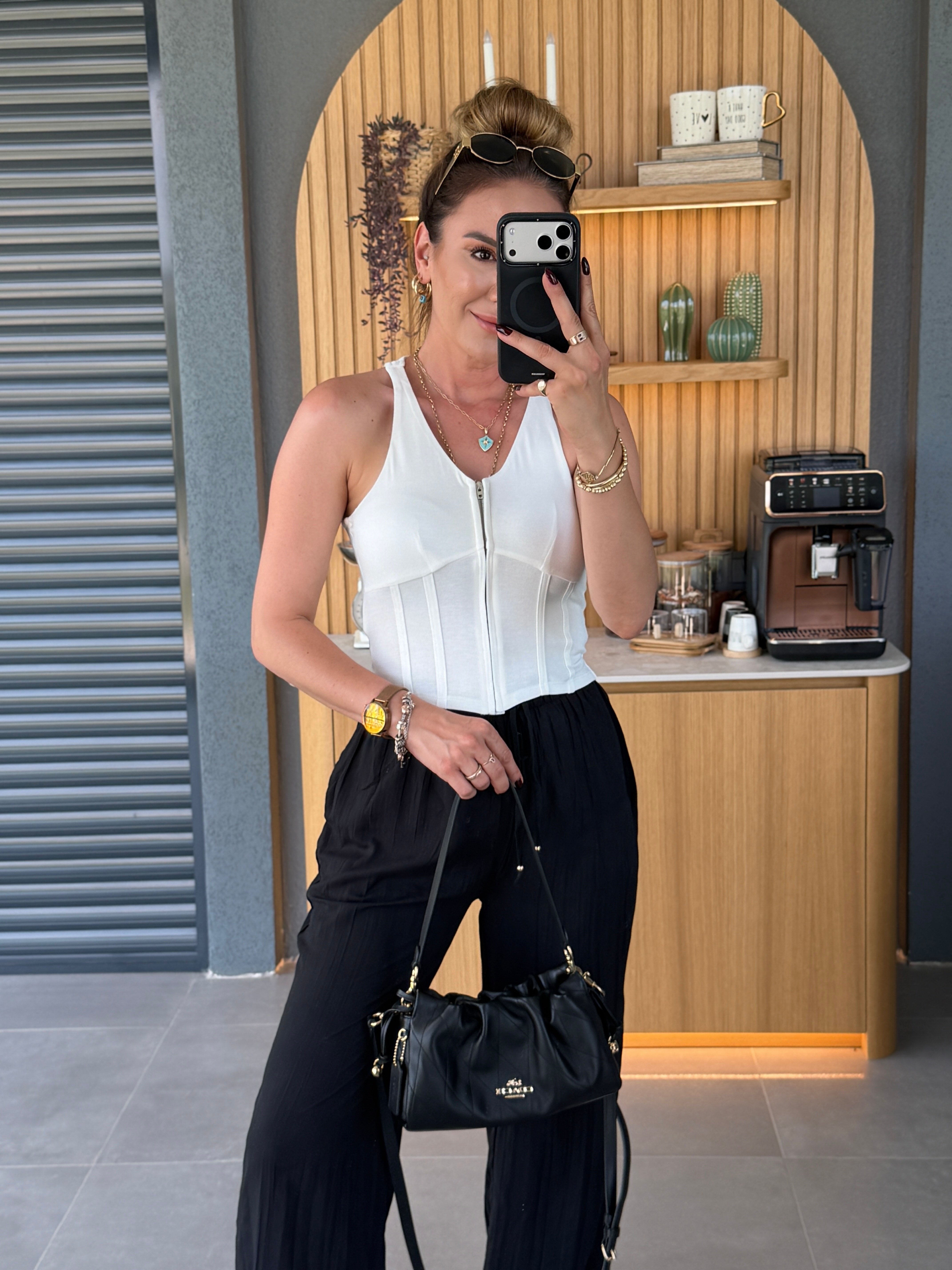 Fermuarlı Halter Yaka Korse Bluz EKRU