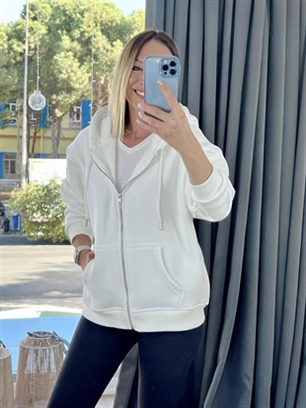 FERMUARLI KAPÜŞONLU SWEAT EKRU