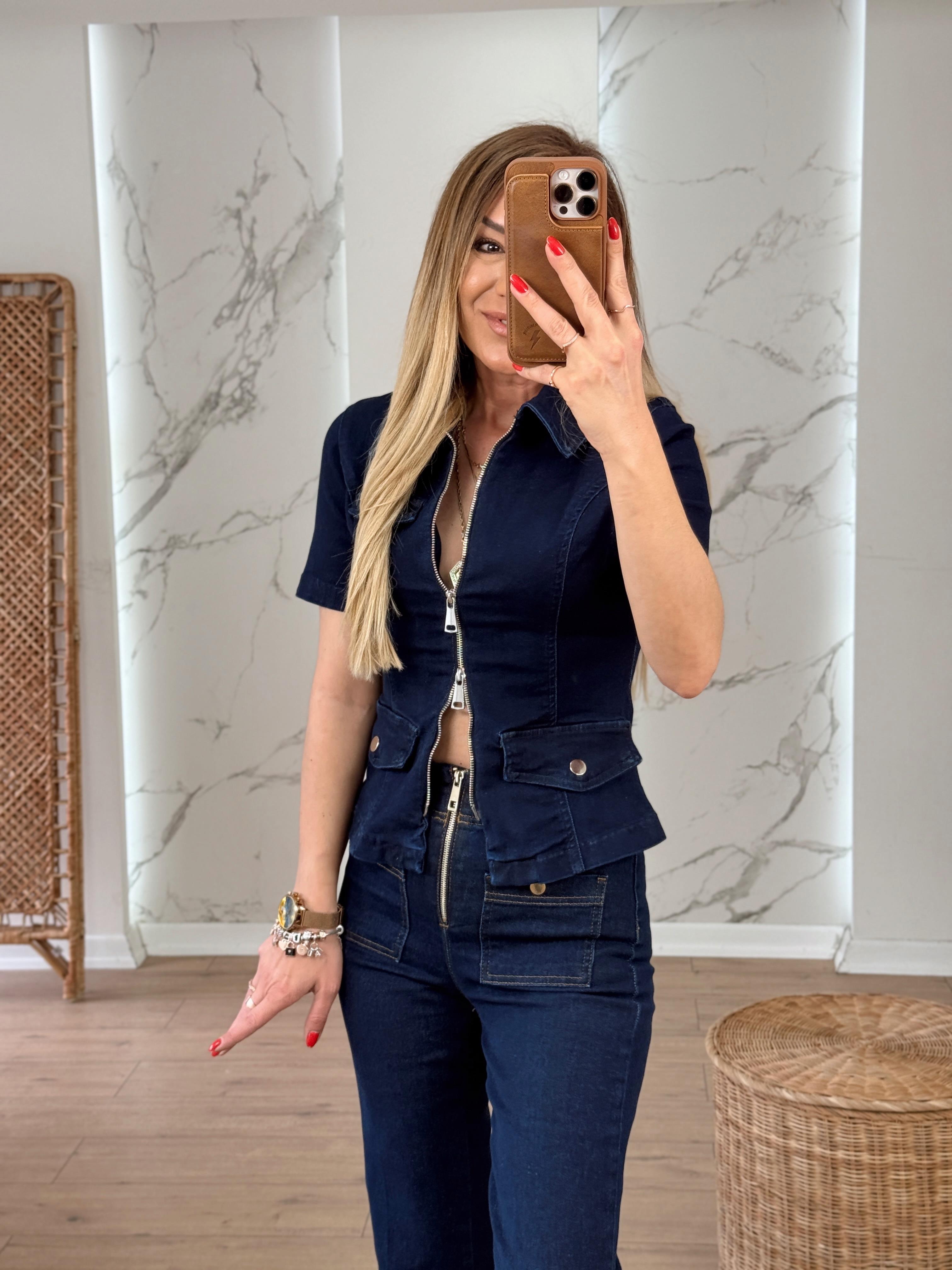 Fermuarlı Kısa Kollu Tasarım Kot Ceket LACİVERT