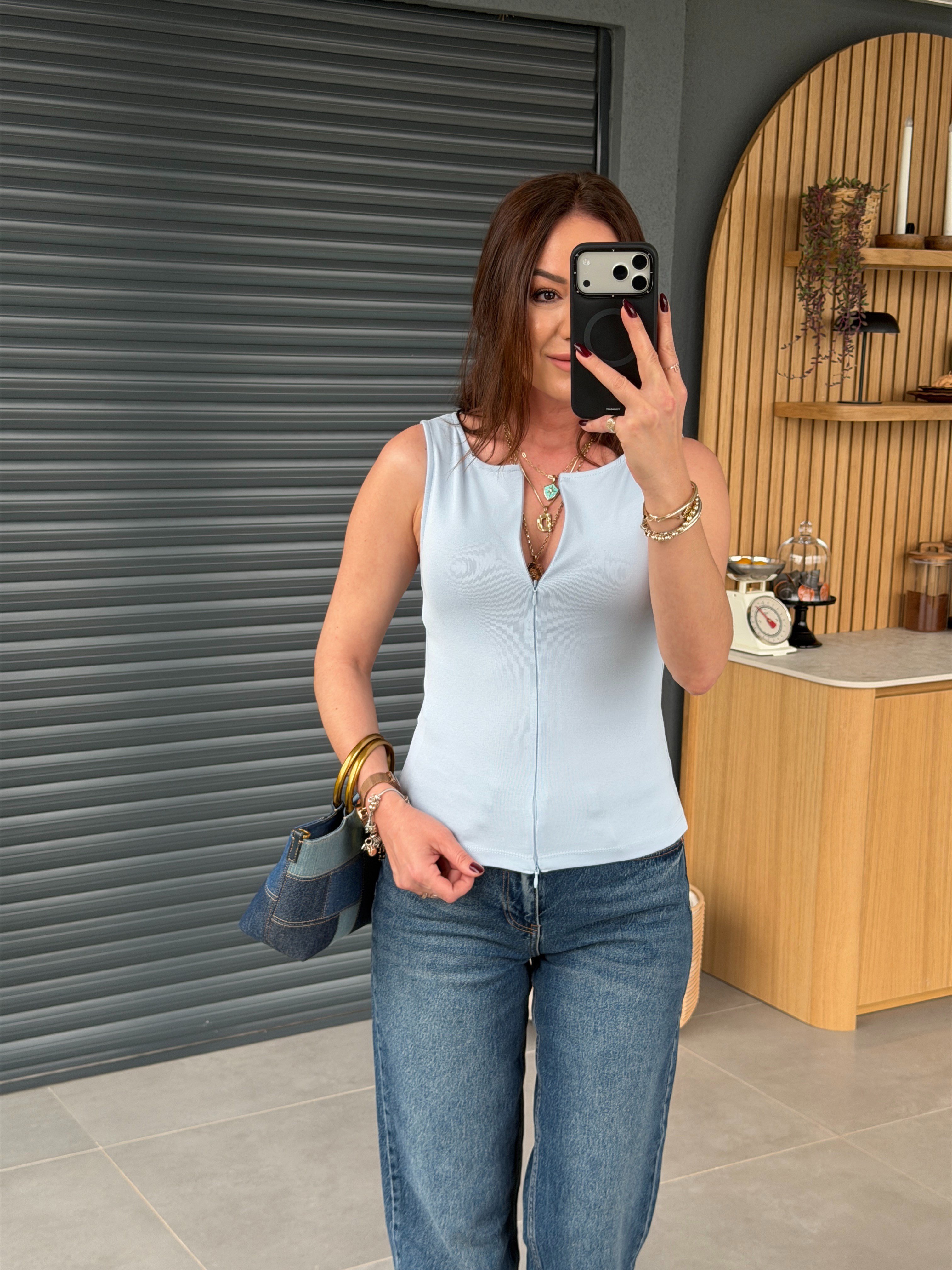 Fermuarlı Kolsuz Body AÇIK MAVİ