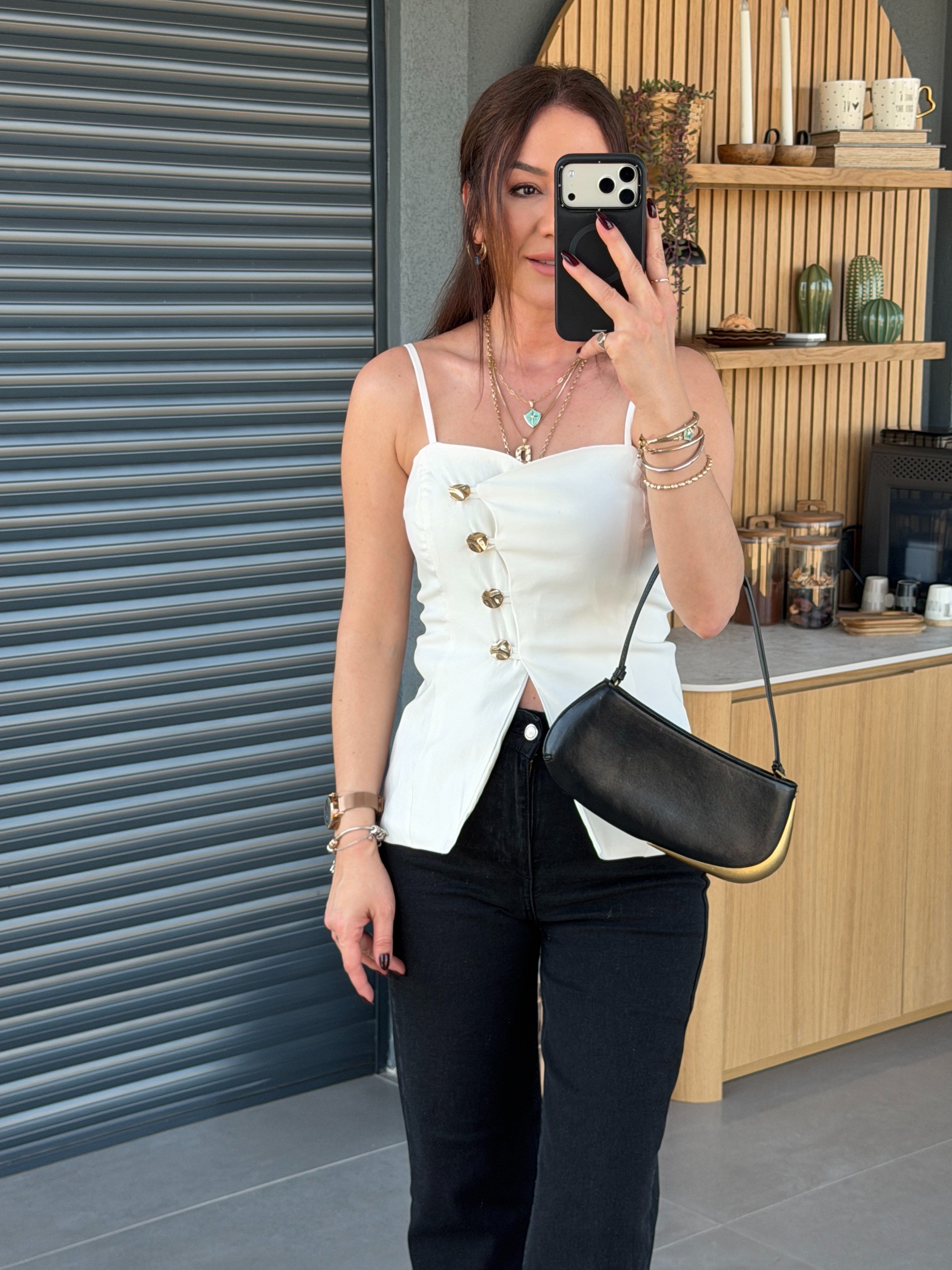 Gold Düğmeli Askılı Yelek EKRU