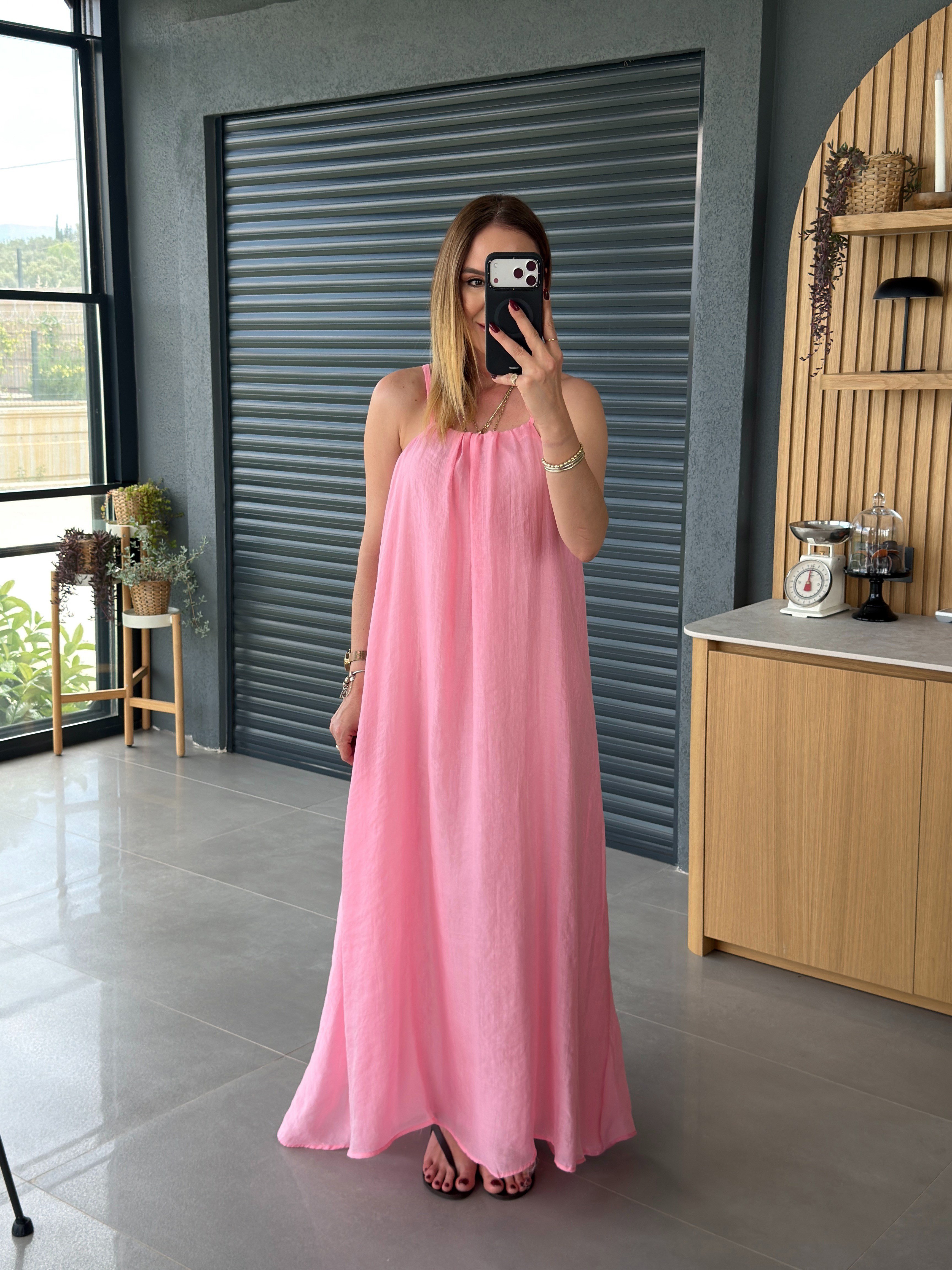 İnce Askılı Salaş Astarlı Elbise PEMBE