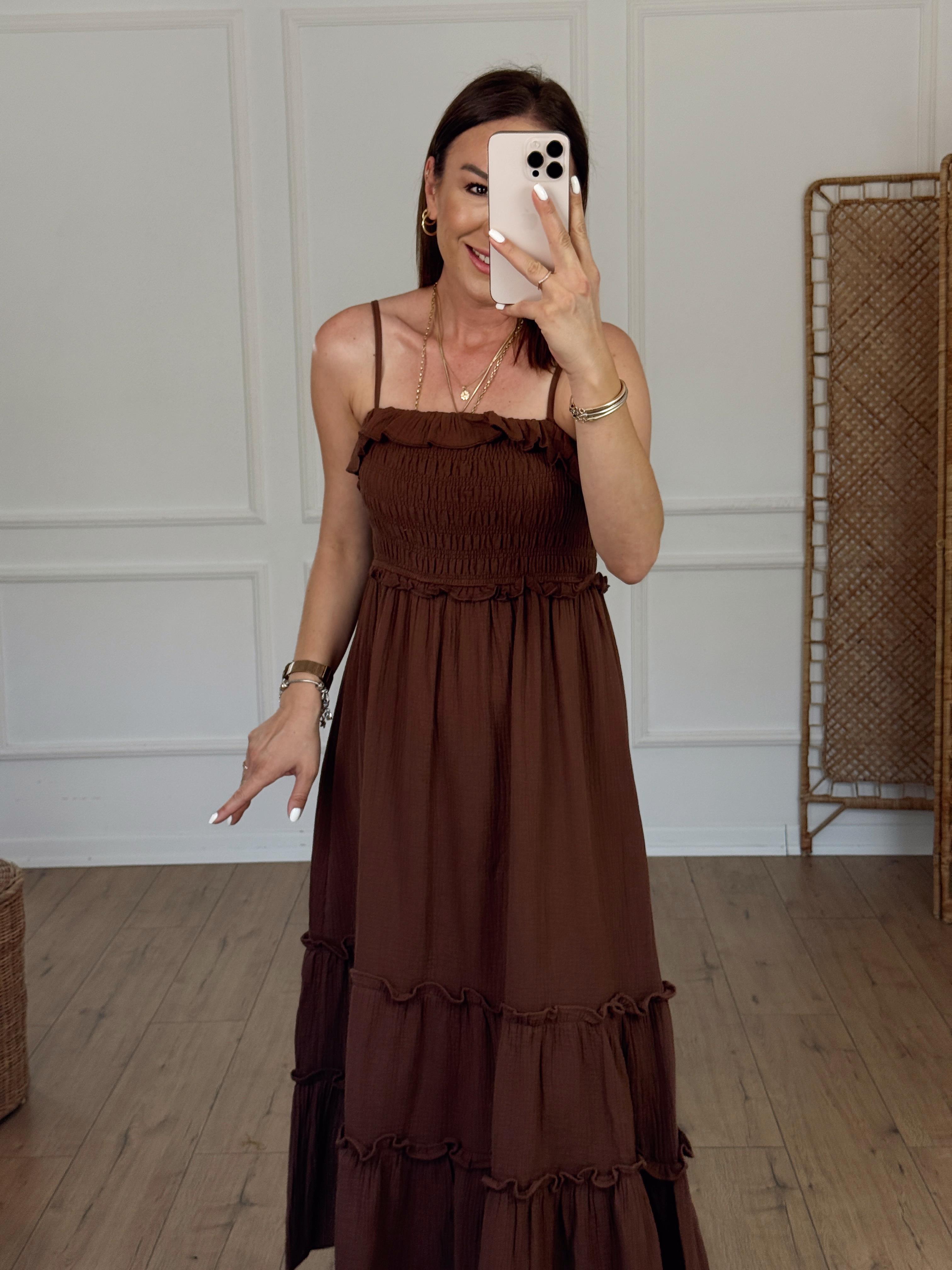 İp Askılı Gipeli Elbise KAHVE