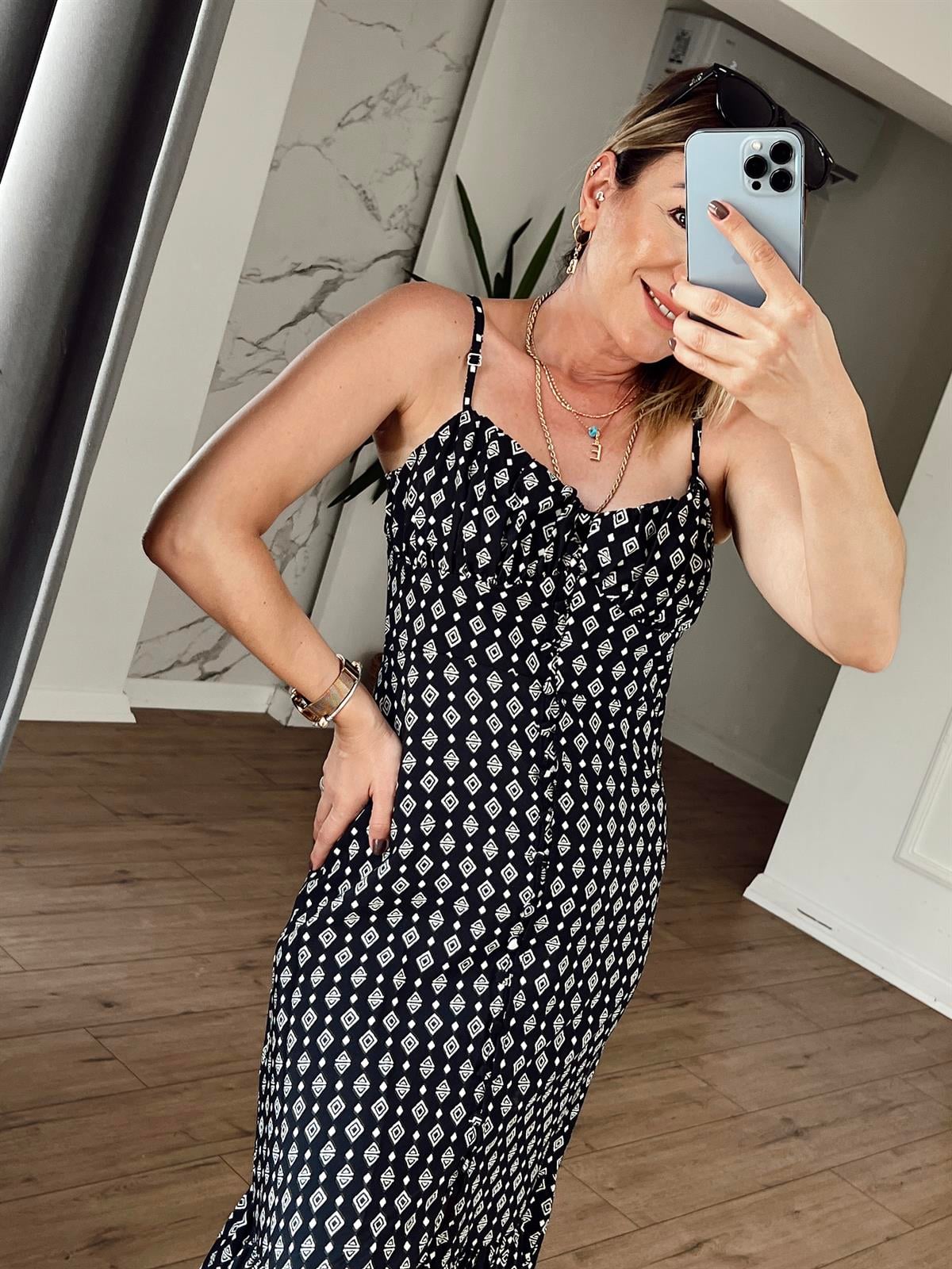 İp Askılı Önü Düğmeli Elbise SİYAH