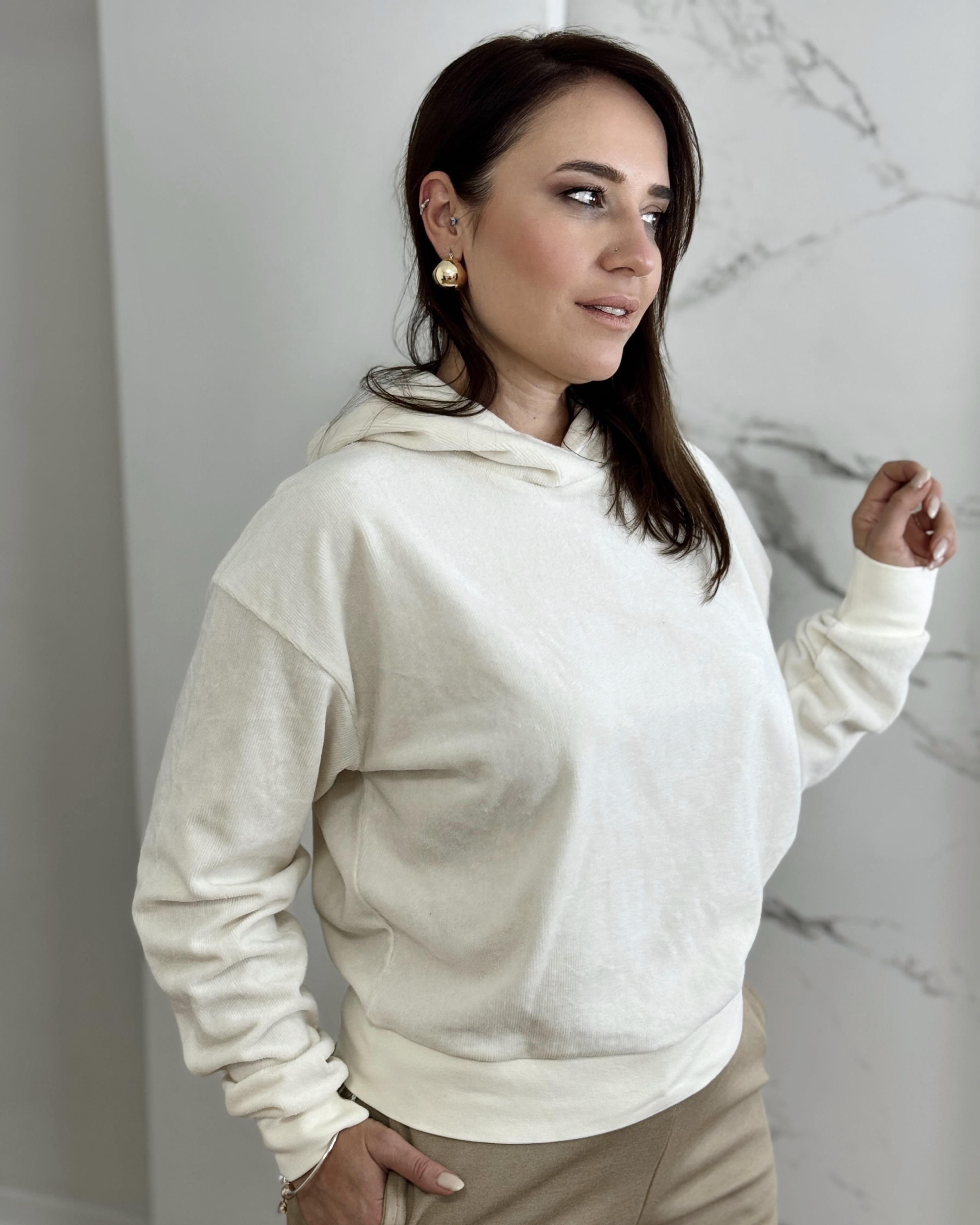 KAPÜŞONLU KADİFE KUMAŞ SWEAT EKRU