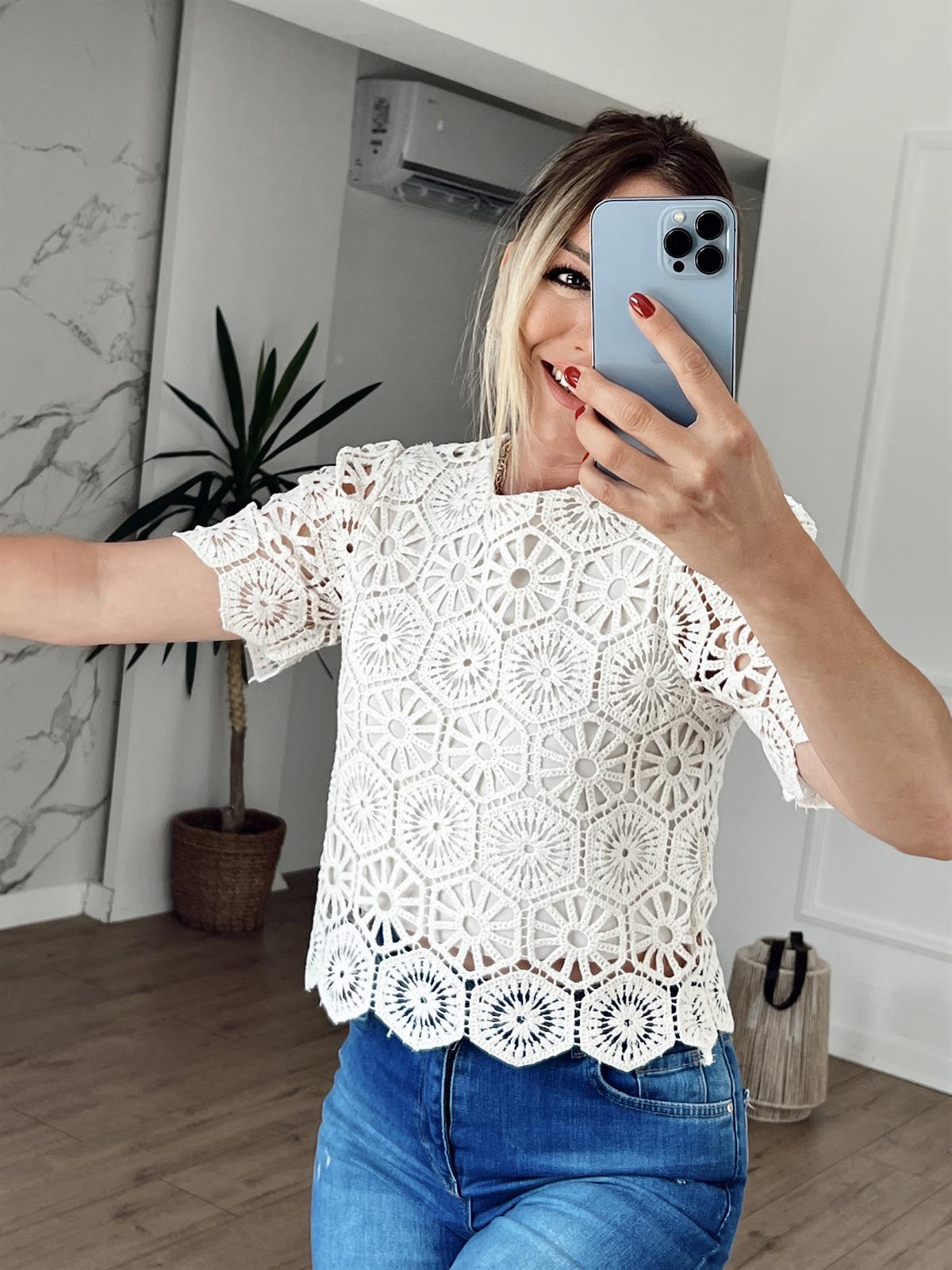 Kısa Kol Dantel Motifli Bluz NATURAL