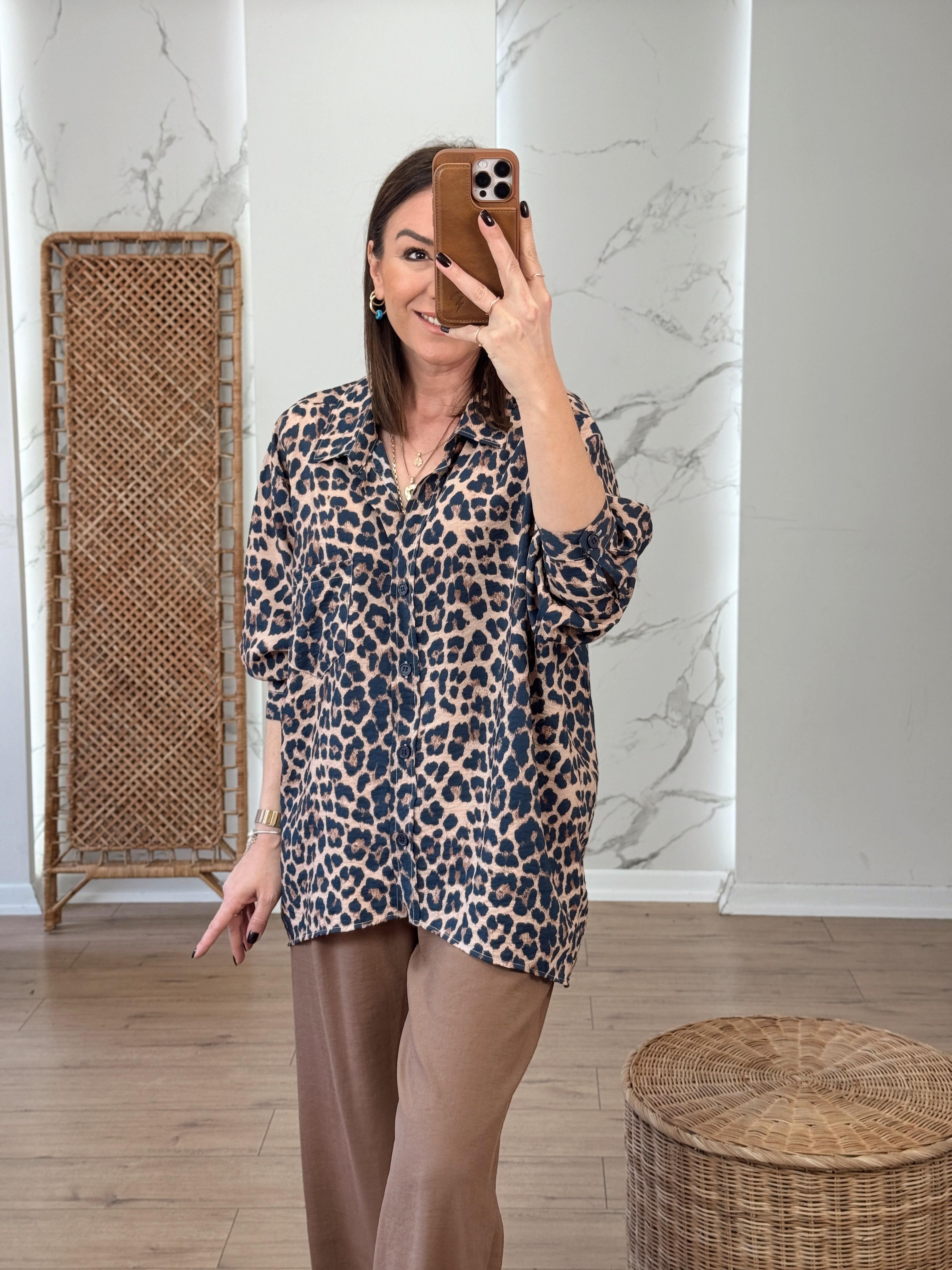 Leopar Desen Oversize Salaş Gömlek KAHVE