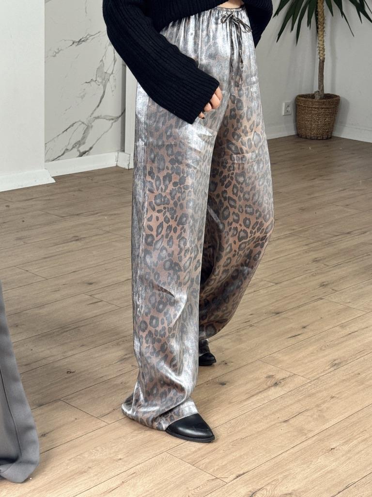 Leopar Desen Parlak Pantolon KAHVE