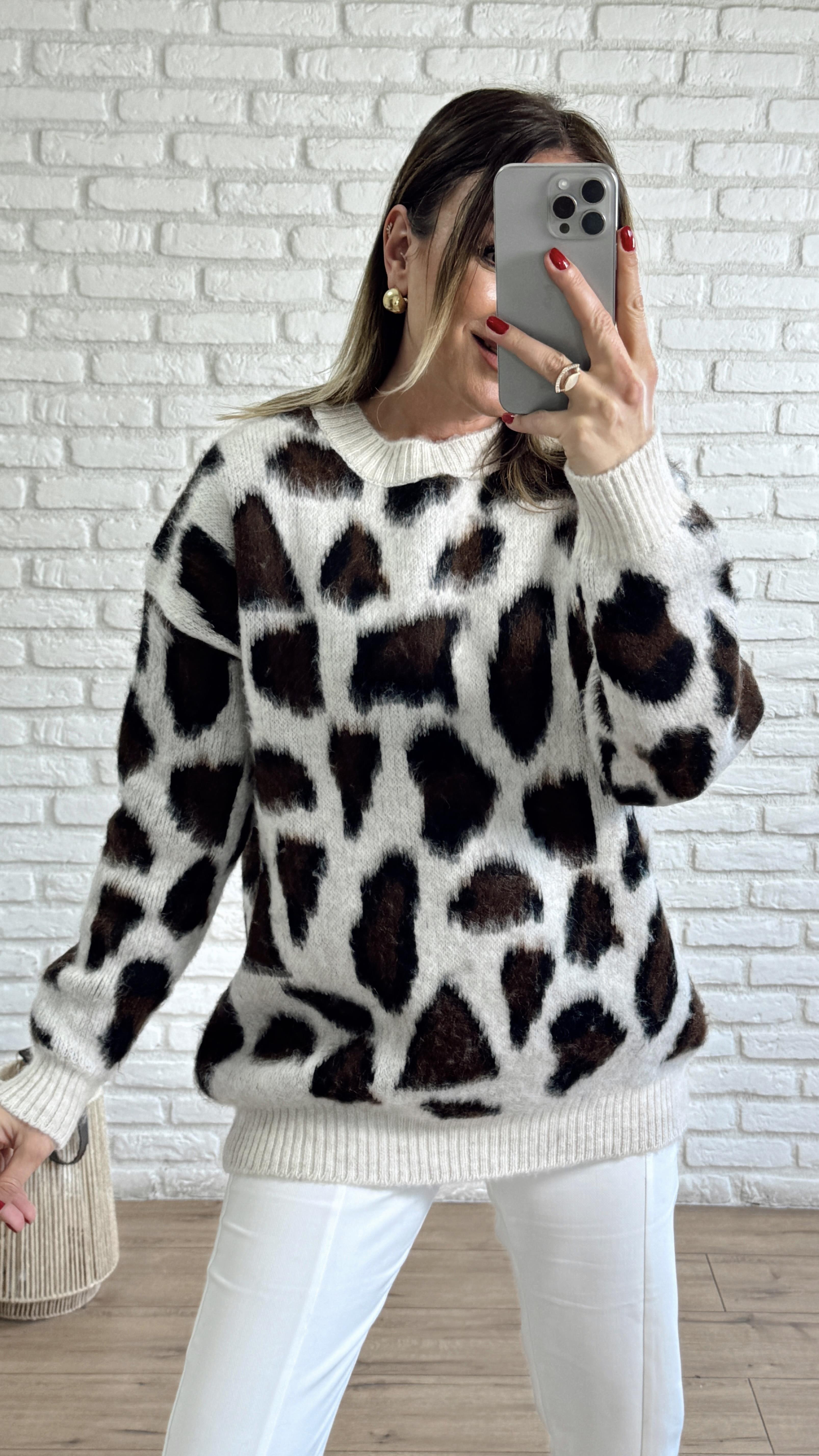 Leopar Desenli Triko Kazak BEJ