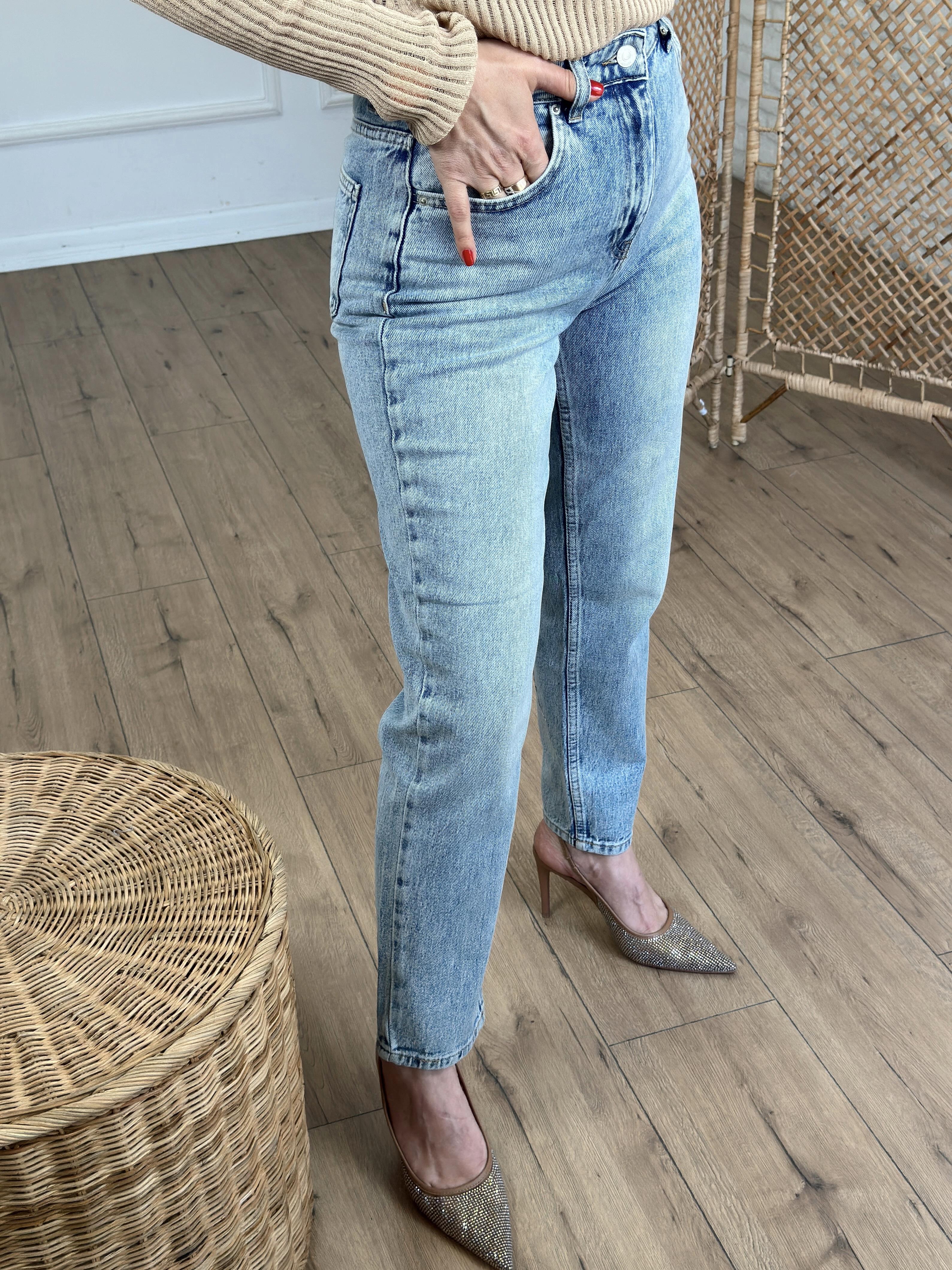 Marbel Efektlli Likralı Mom Jean MAVİ