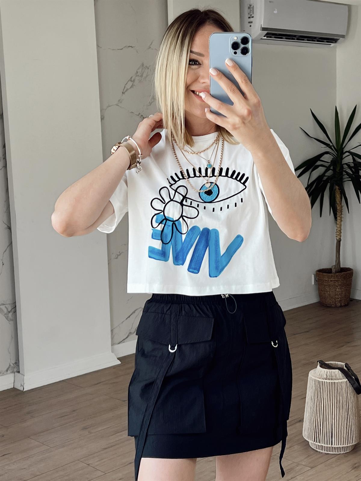 Nakışlı Crop Tshirt EKRU