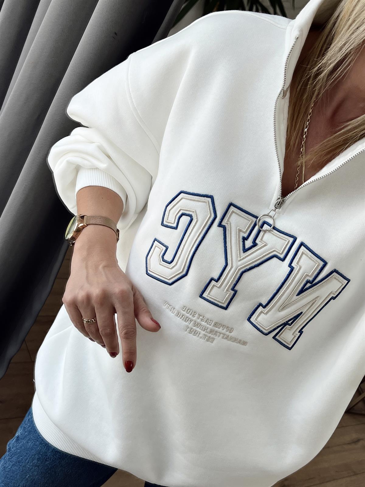 Nakışlı Fermuar Detaylı Sweat EKRU