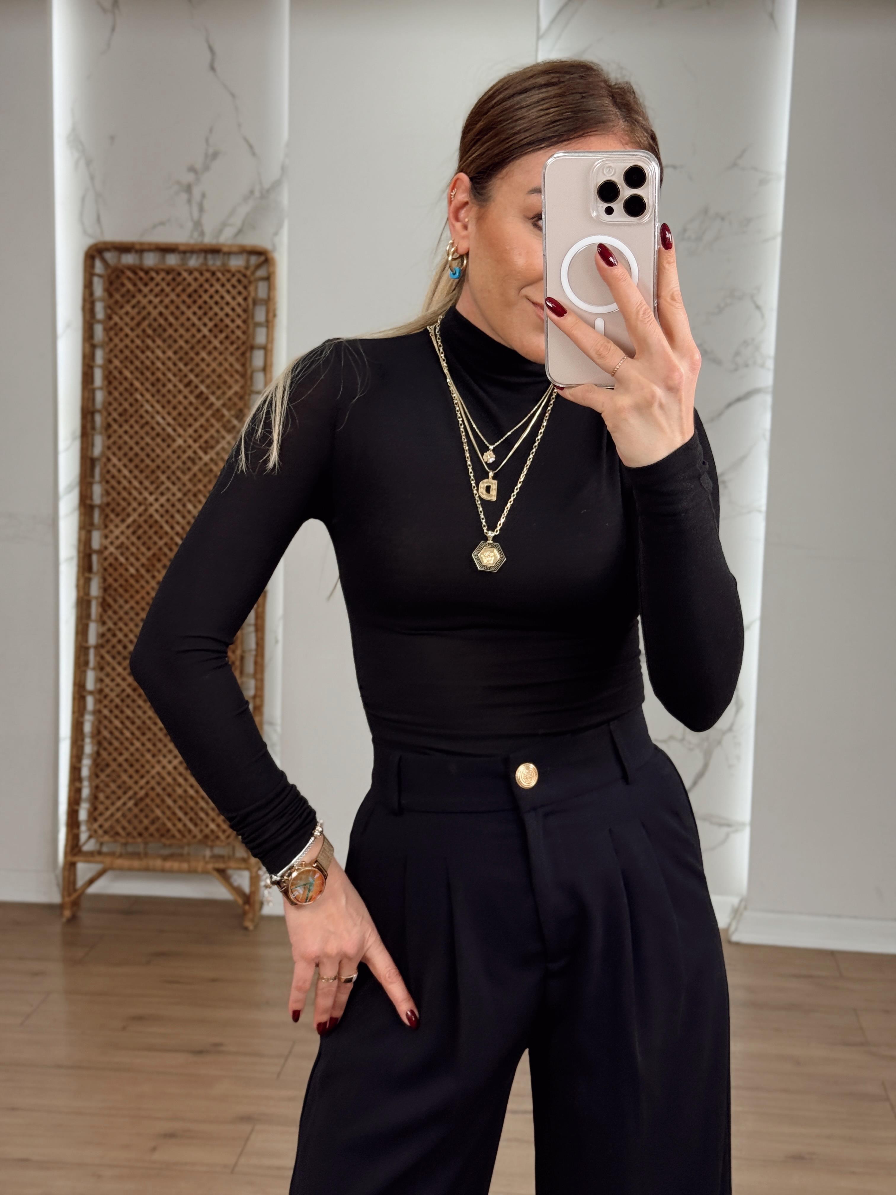 Omuzu Ve Yanı Büzgülü Yarım Balıkçı Yaka Body SİYAH