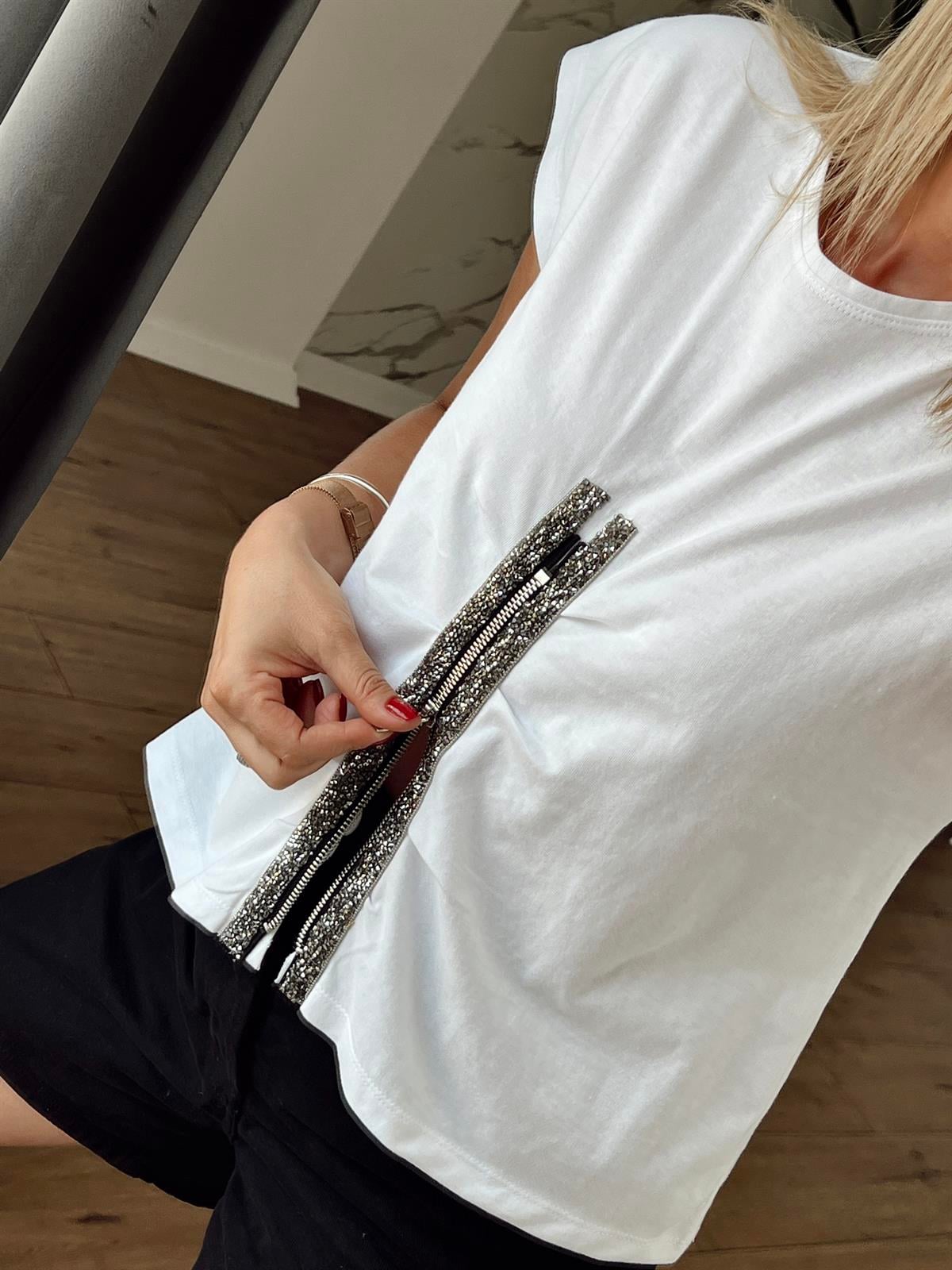Önden Fermuarlı Taşlı Tshirt BEYAZ