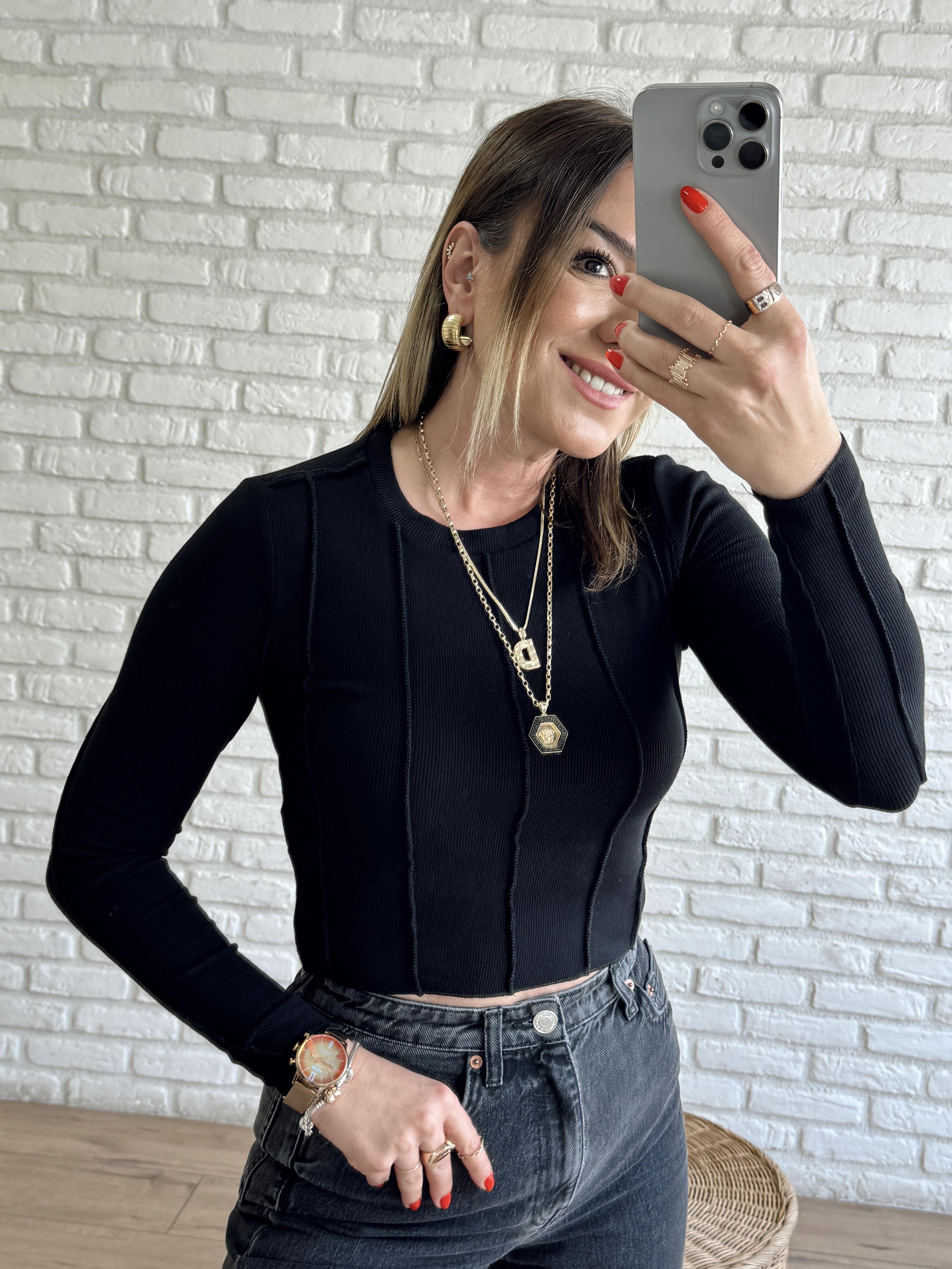 Önü Dikişli Bluz SİYAH