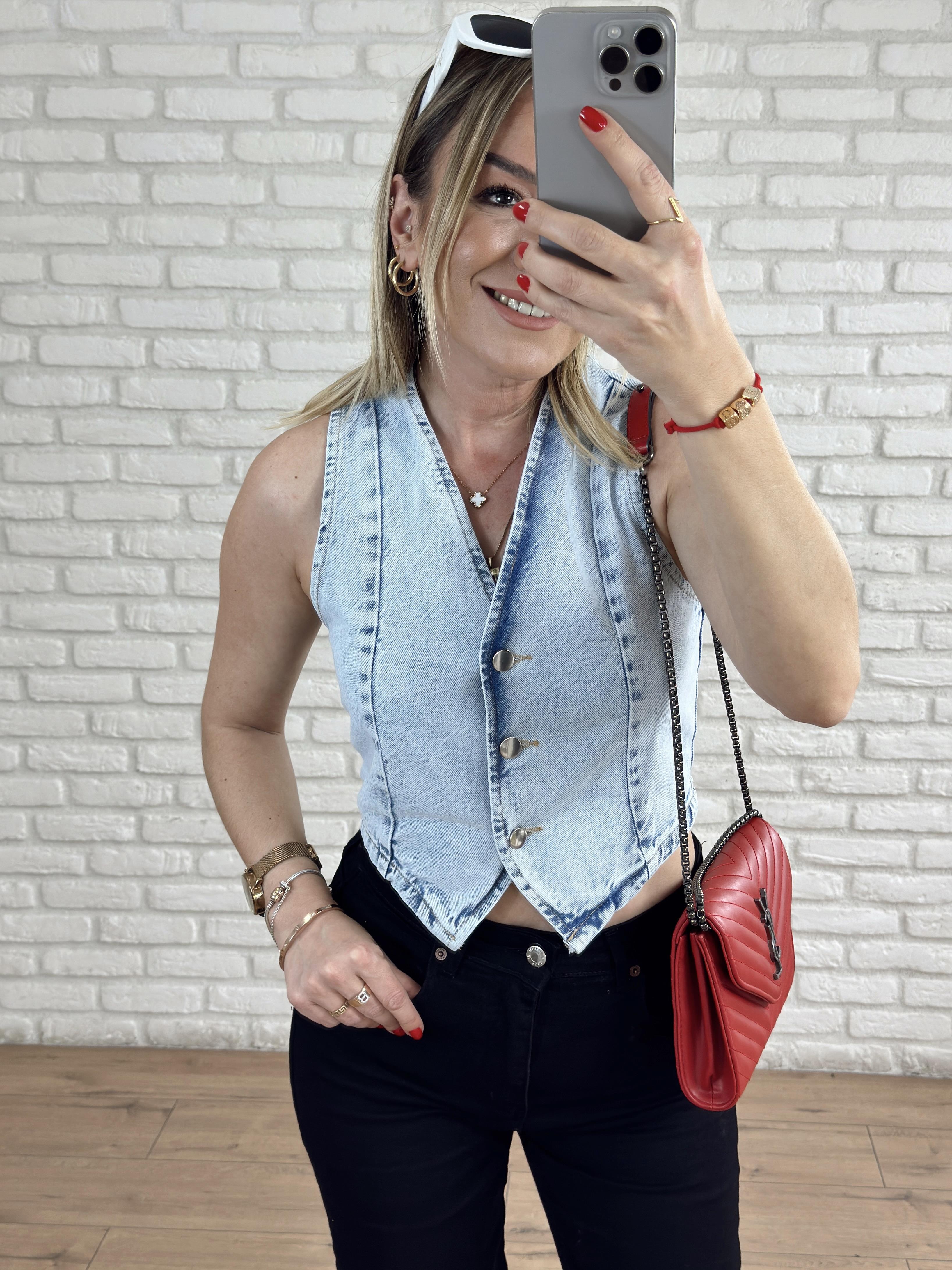 Önü Düğmeli Kot Yelek MAVİ