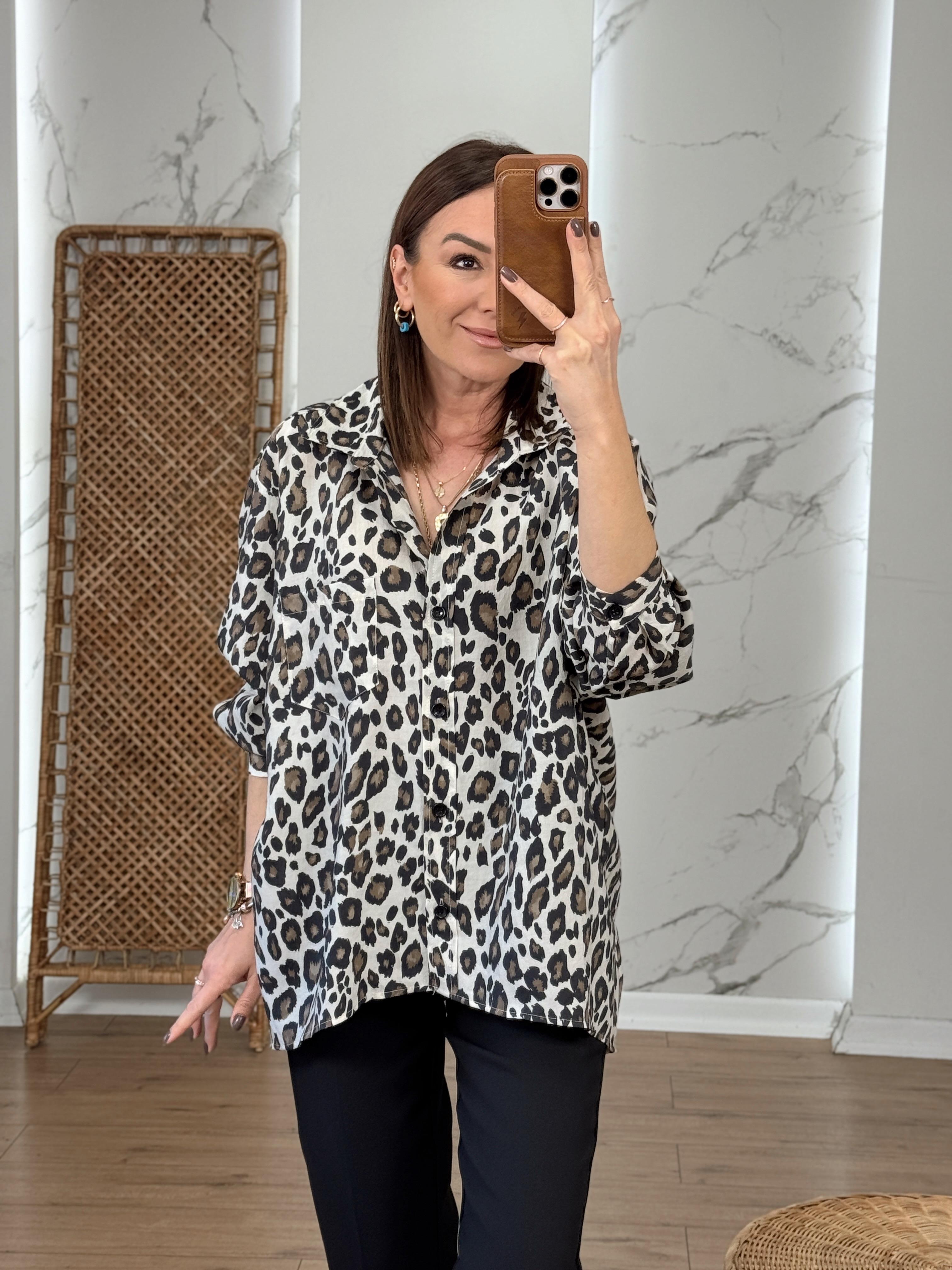 Oversize Leopar Desen Salaş Gömlek BEJ
