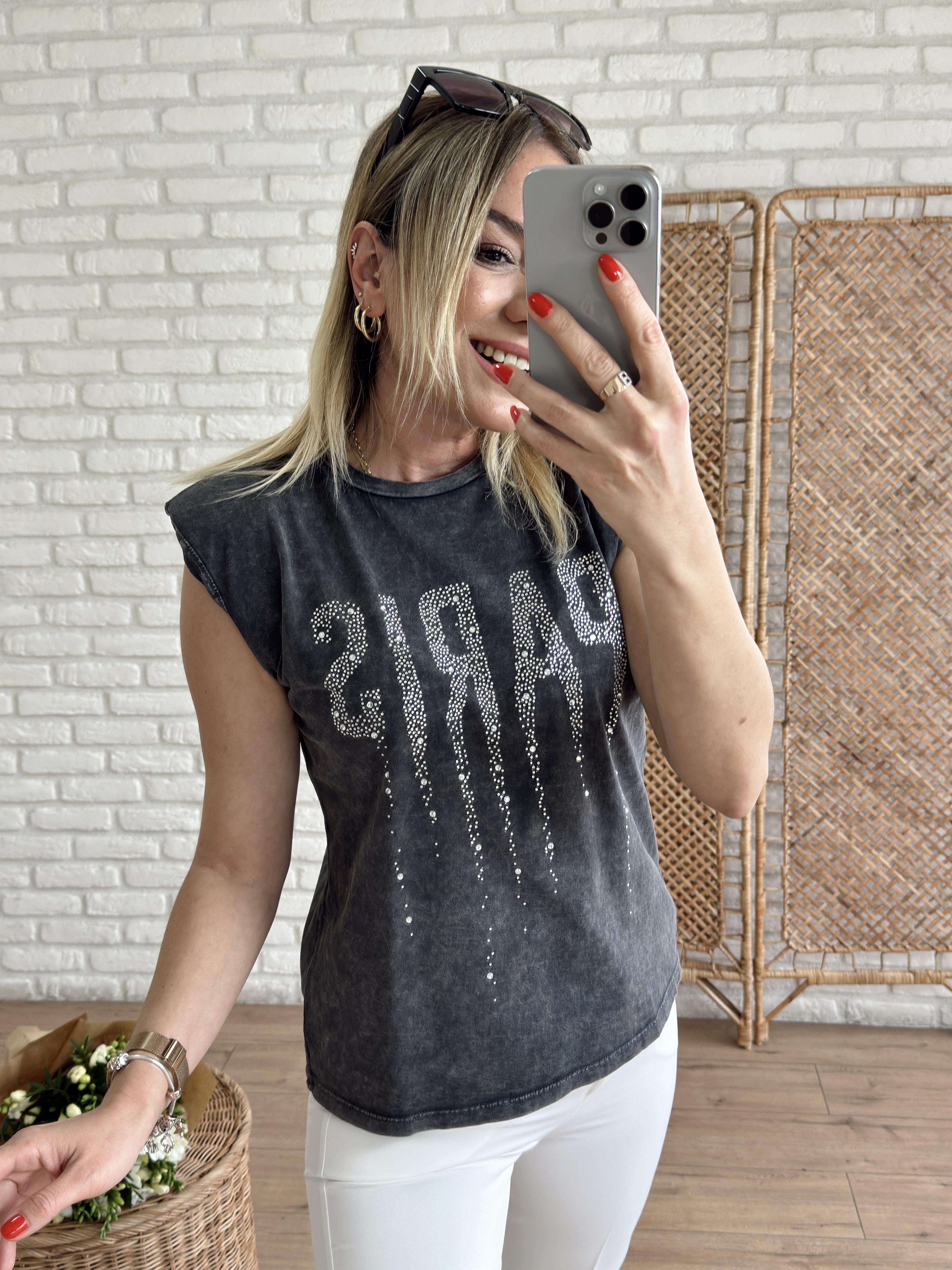 Paris Taşlı Tshirt ANTRASİT