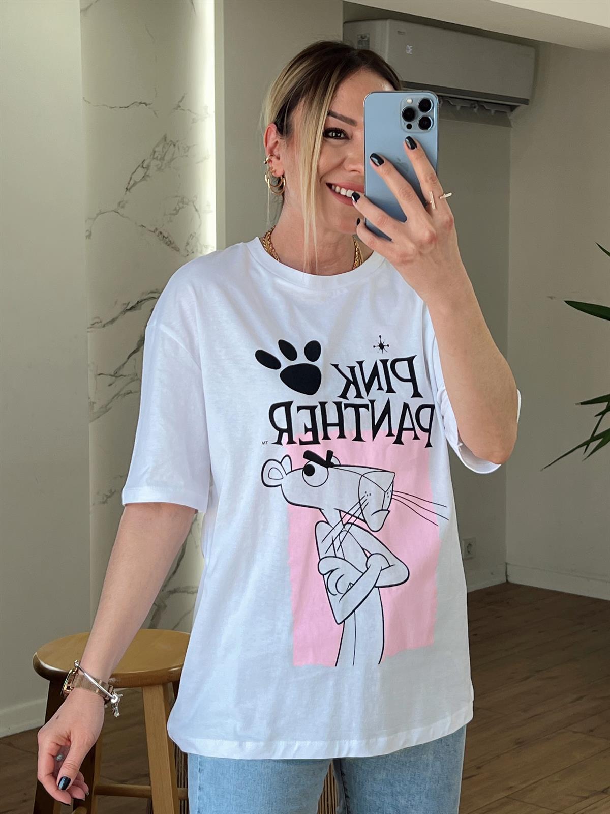 PİNK PANTHER BASKILI TSHİRT BEYAZ