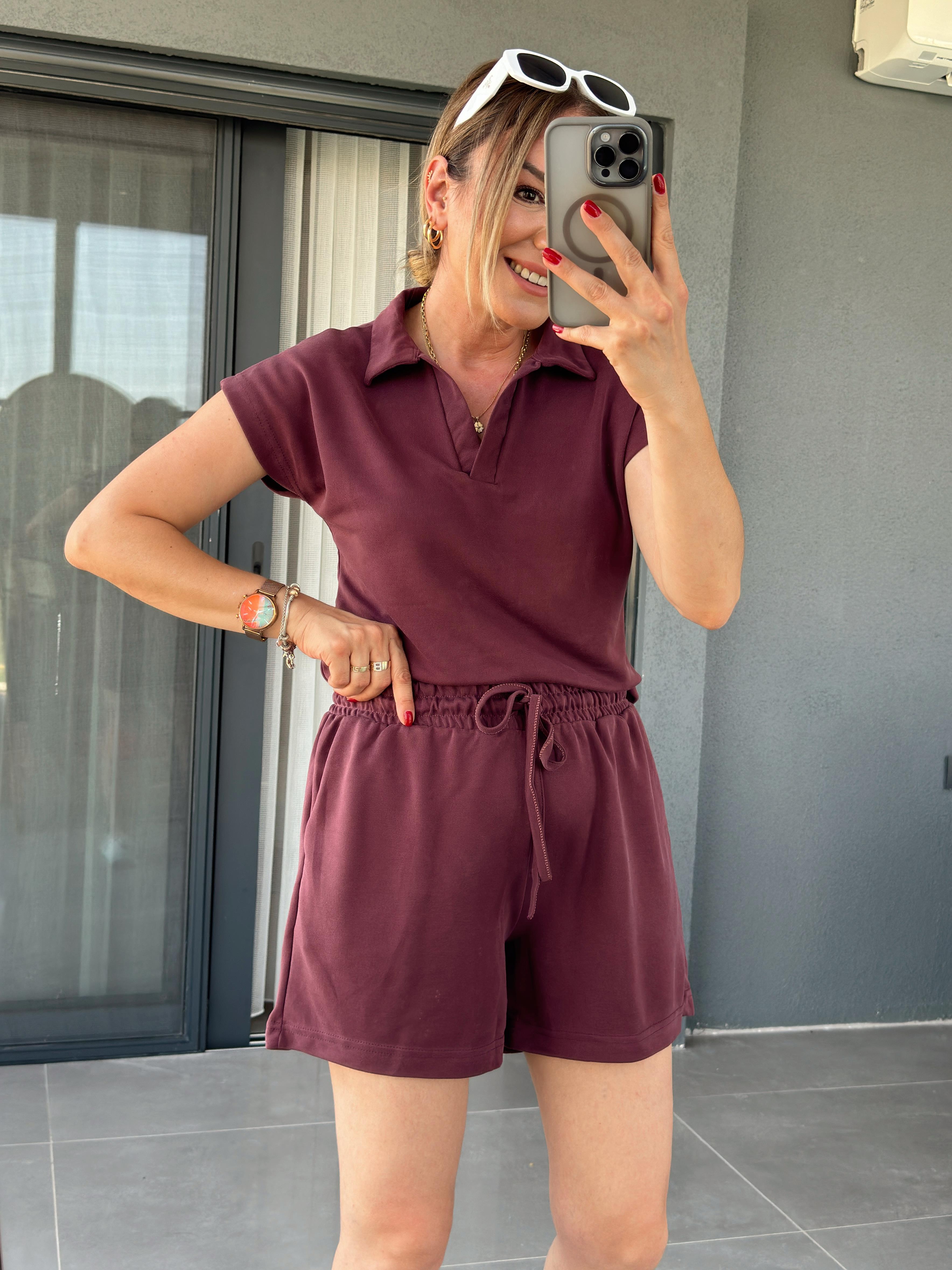 Polo Yaka İkili Şort Modal Takım BORDO