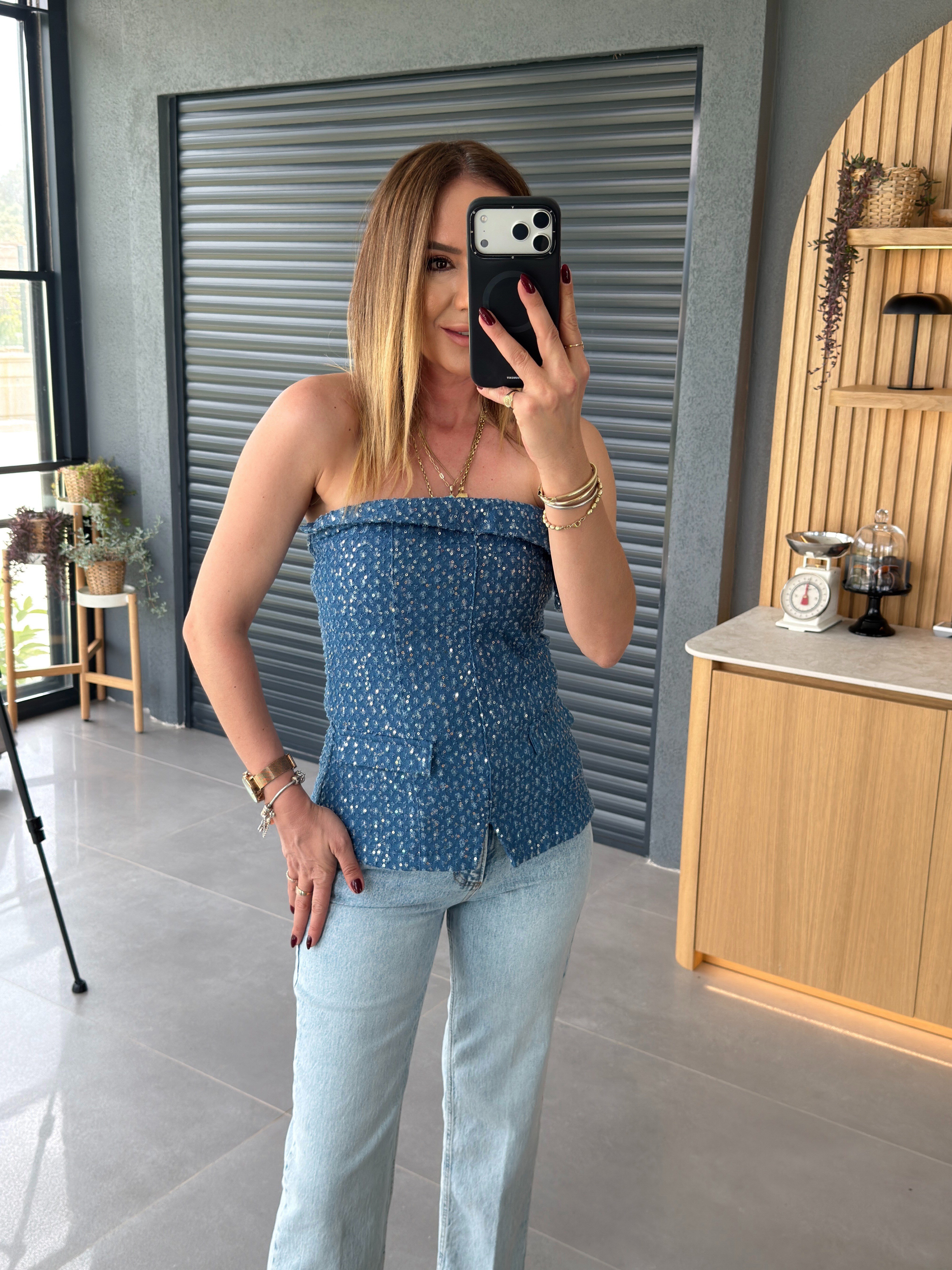 Pullu Straplez Bluz İNDİGO