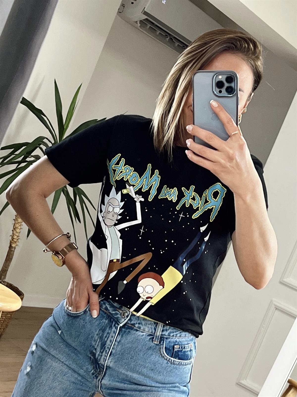 RİCK AND MORTY BASKILI TSHİRT SİYAH
