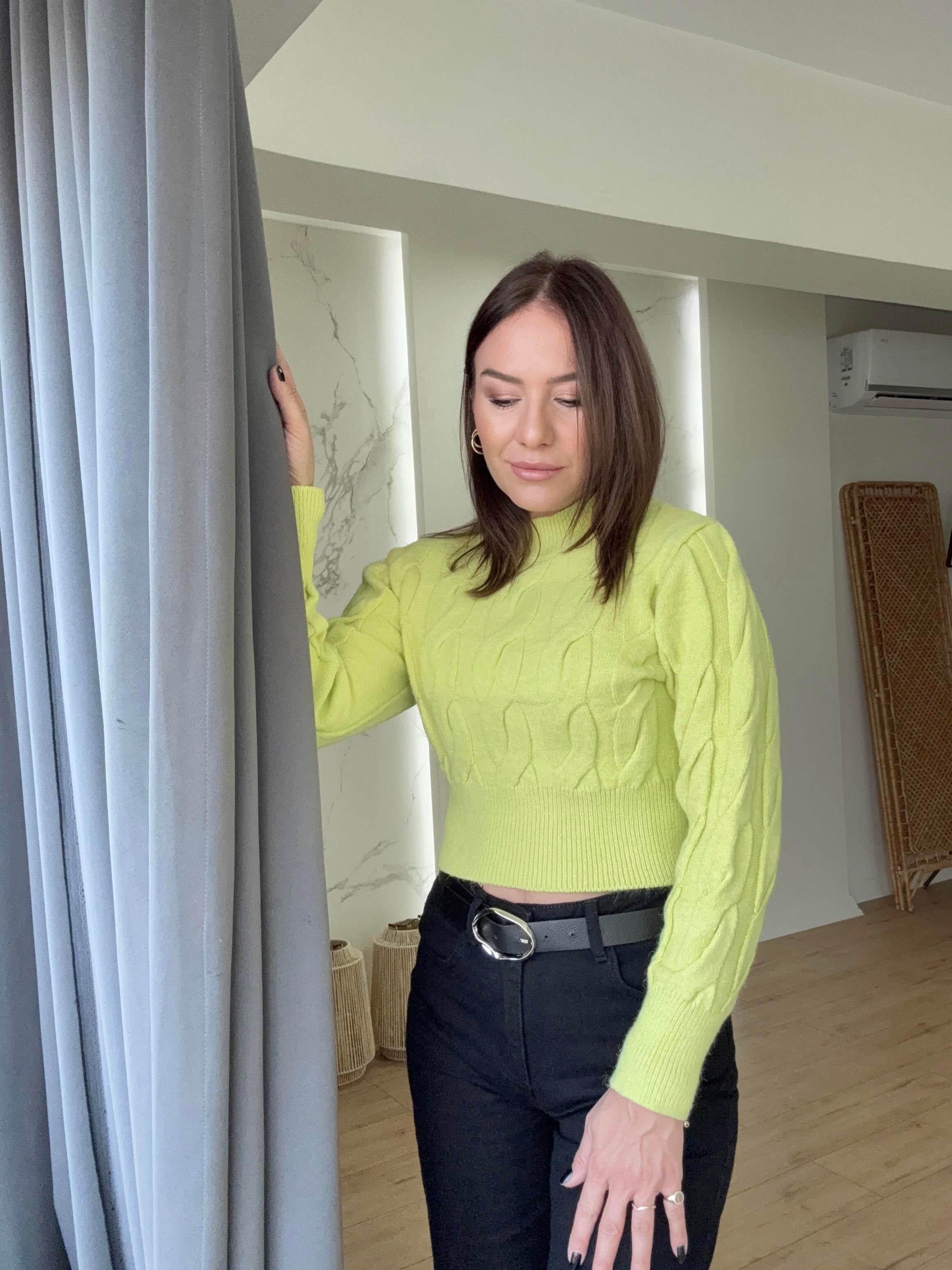 Saç Örgülü Kazak NEON YEŞİL