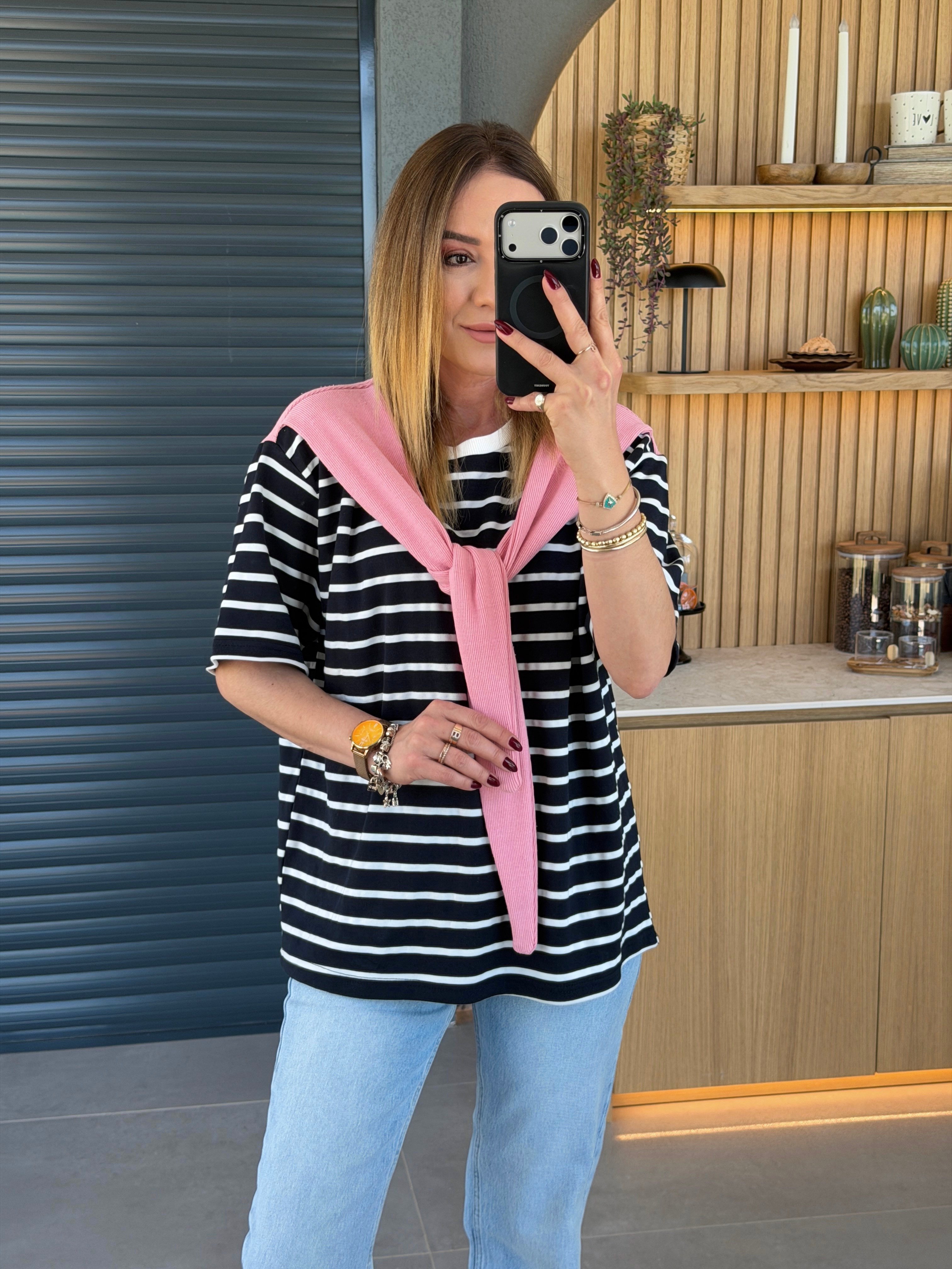 Şal Bağlamalı Çizgili Tshirt LACİVERT