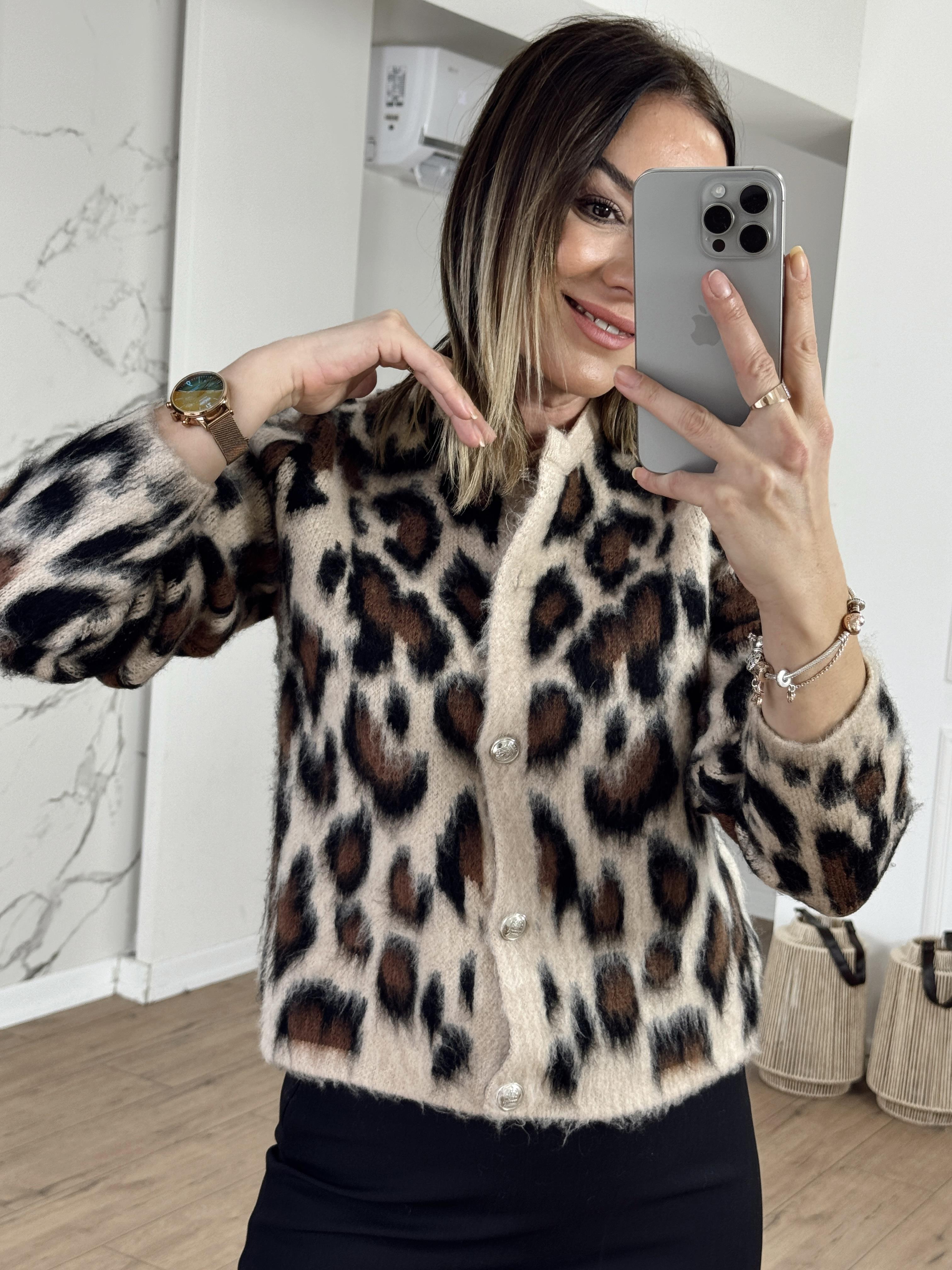 Şardonlu Leopar Desen Hırka BEJ