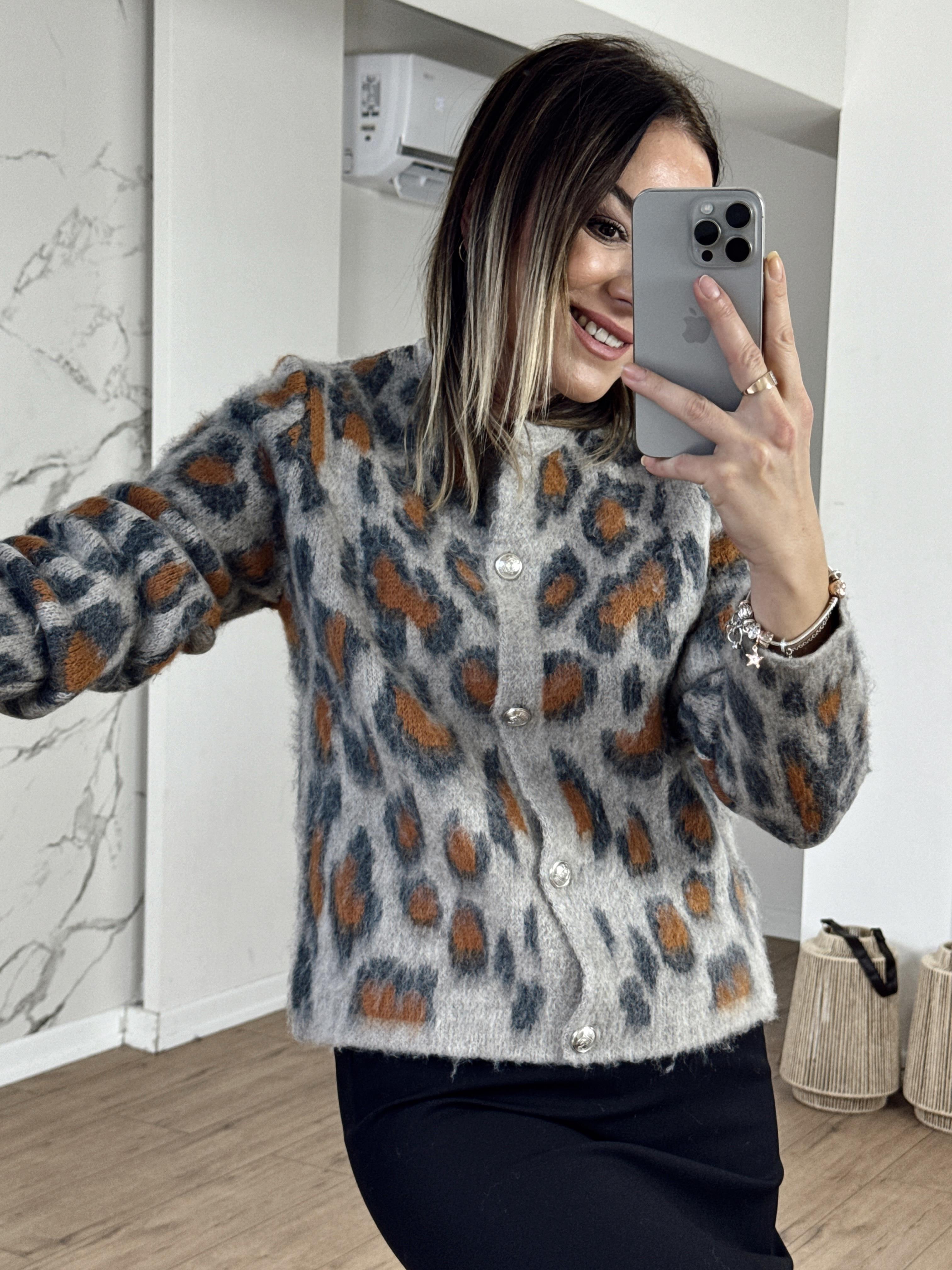 Şardonlu Leopar Desen Hırka VİZON