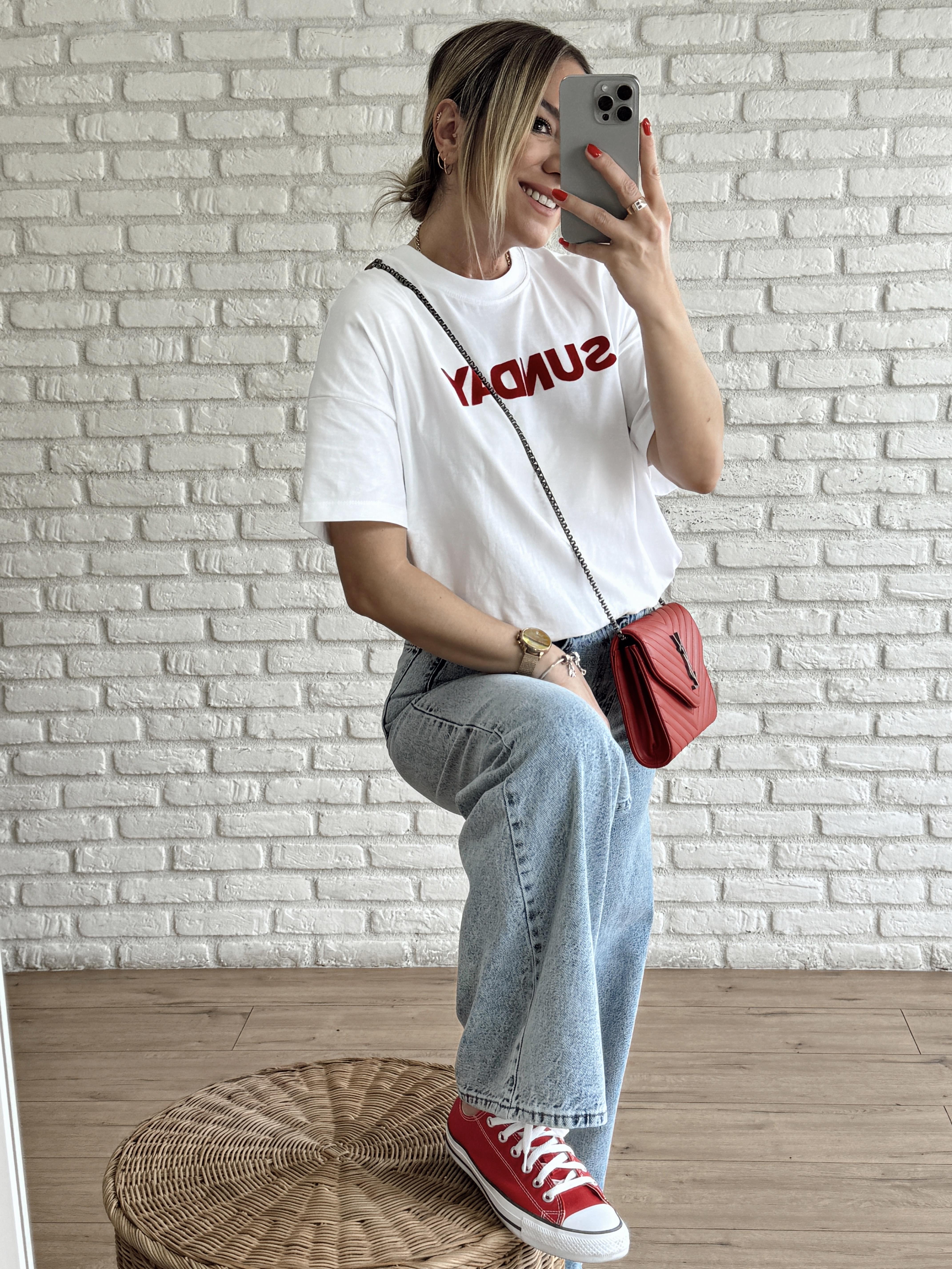 Sunday Yazı Baskılı Tshirt BEYAZ