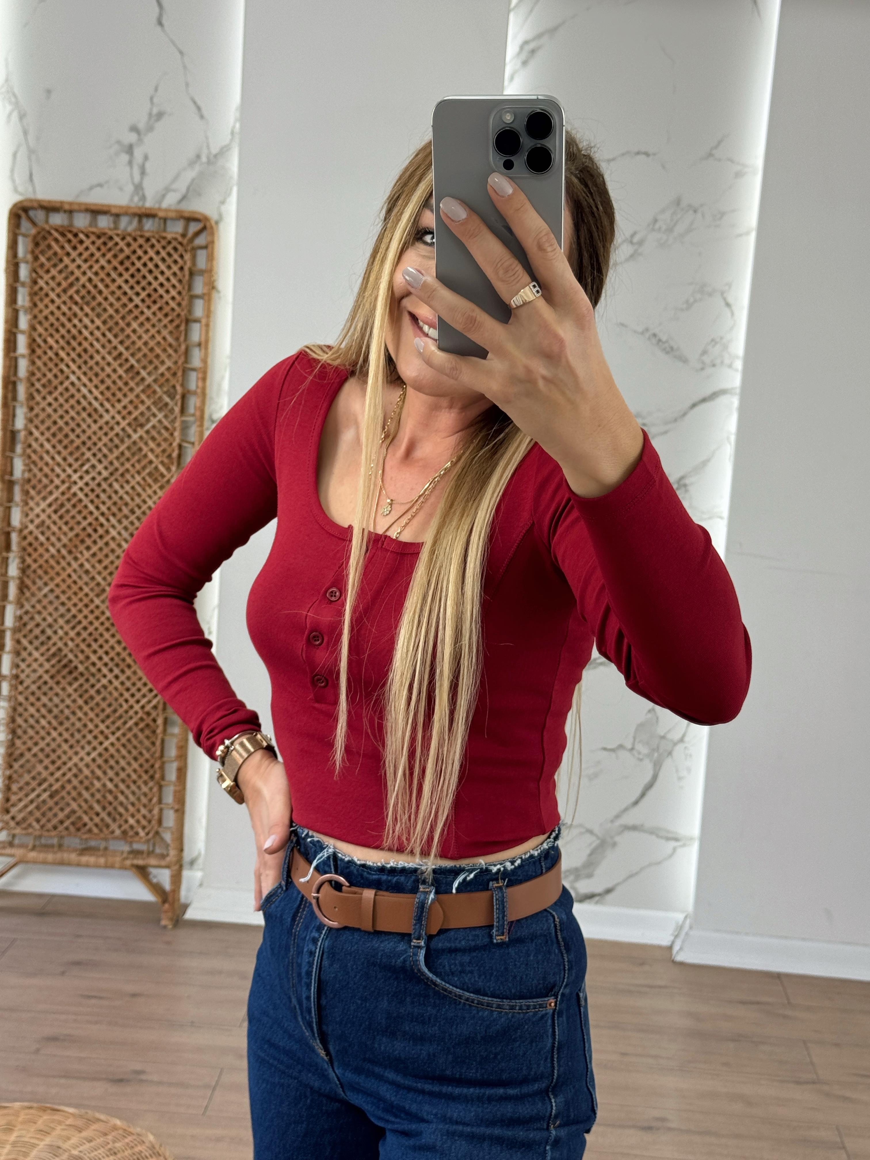 U Yaka Düğmeli Uzun Kollu Body BORDO