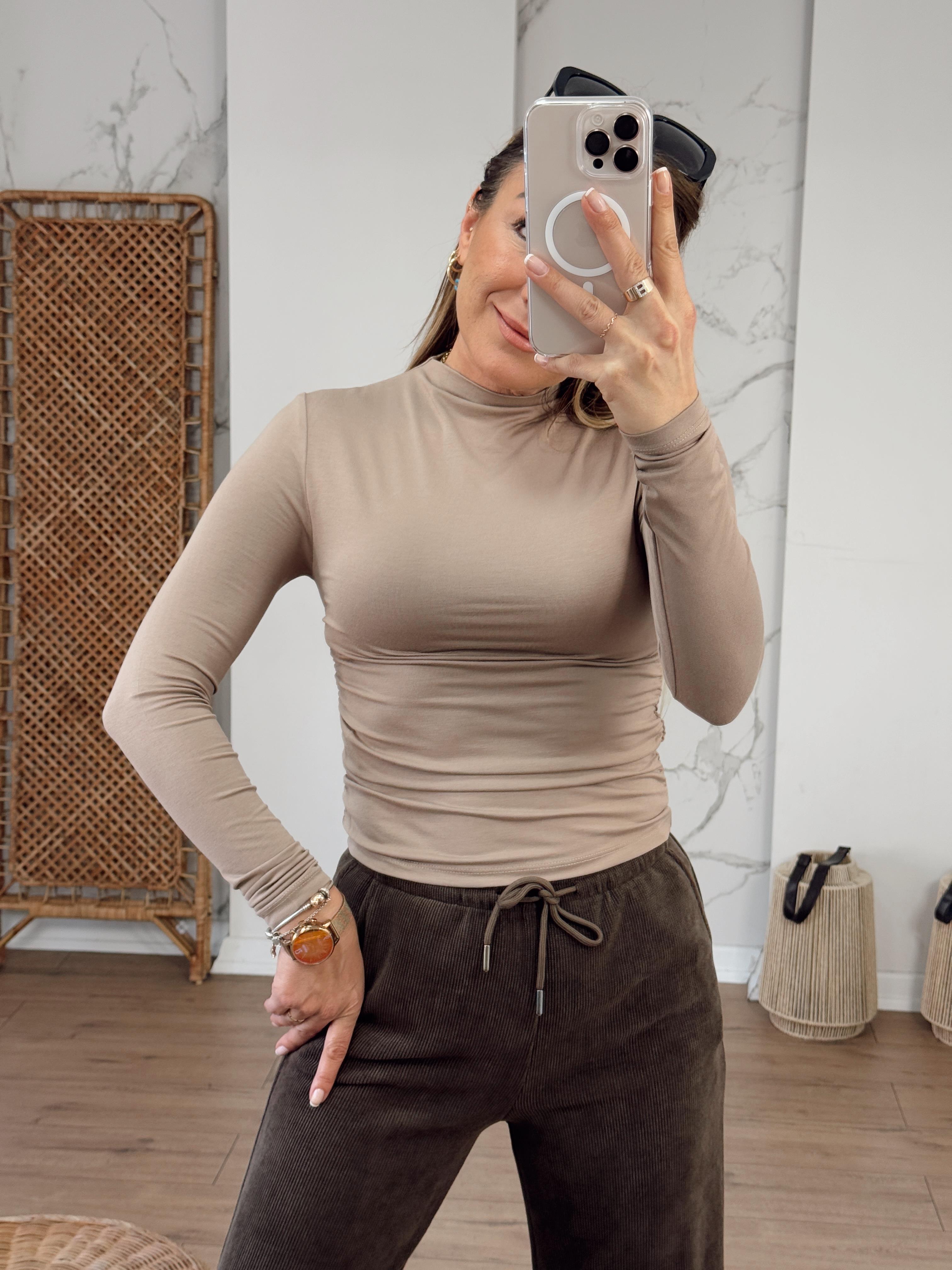 Yanları Büzgülü Uzun Kollu Body VİZON