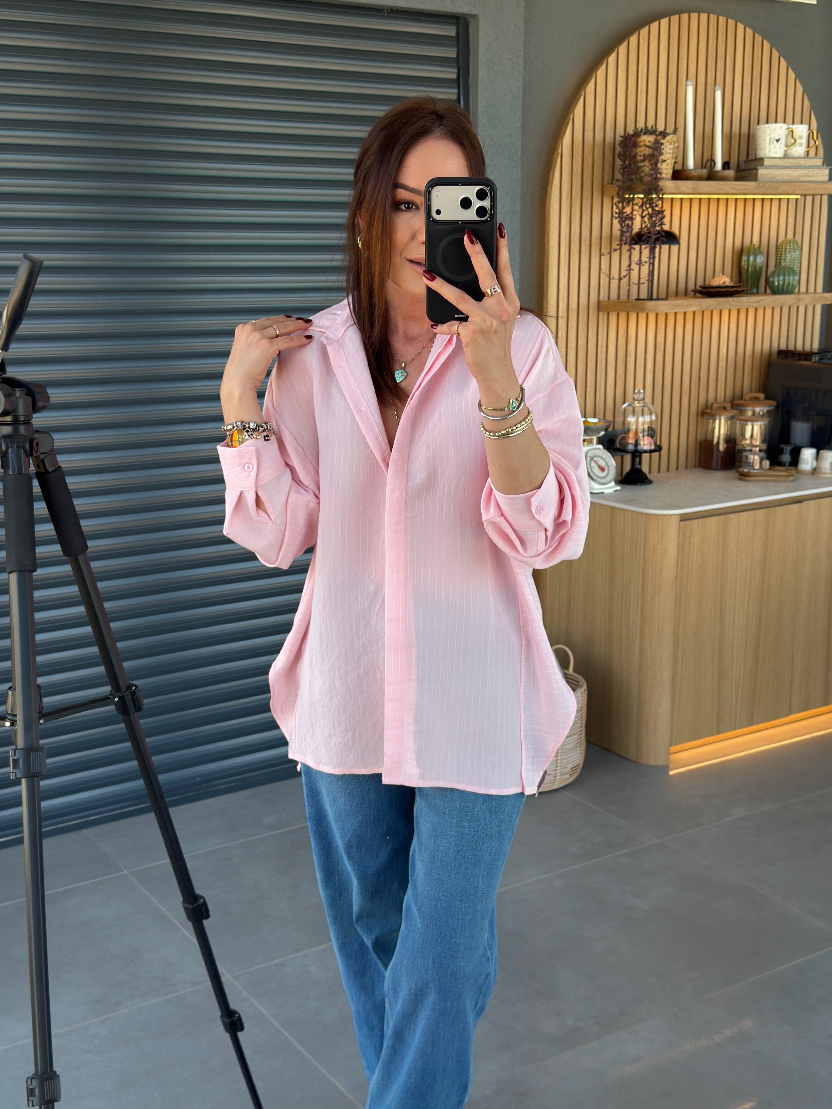 Yanları Parçalı Çizgili Gömlek PEMBE