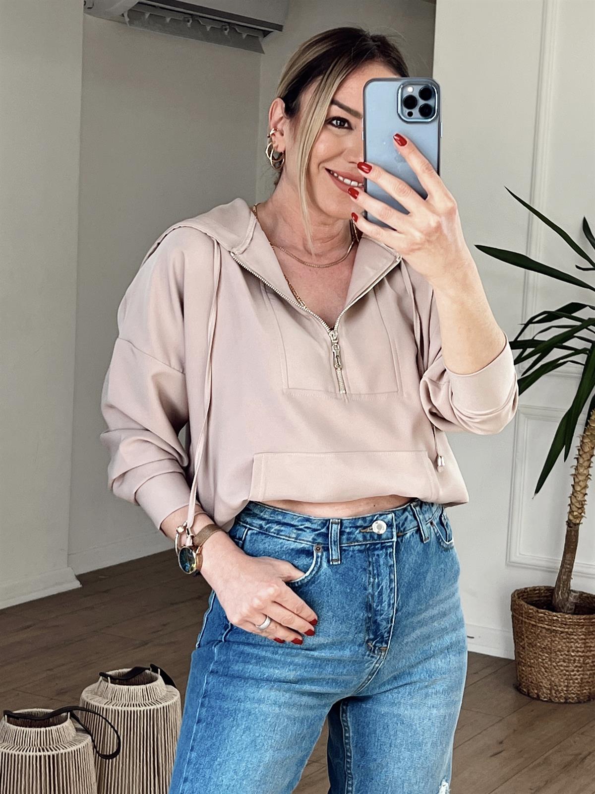 YARIM FERMUARLI KAPÜŞONLU SWEAT TAŞ